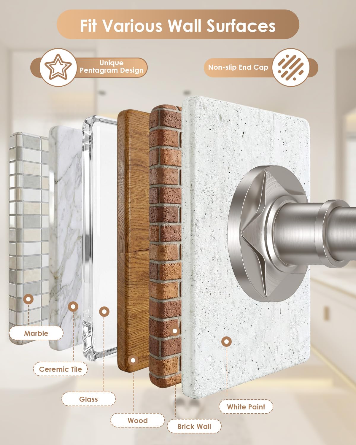 Haryaers Nickel Tension Shower Curtain Rod 30-96 In (8ft) 1.1" Diameter Stainless Steel, Rustproof Heavy Duty, No Drilling Adjustable Room Divider for Bathroom Window Patio Closet