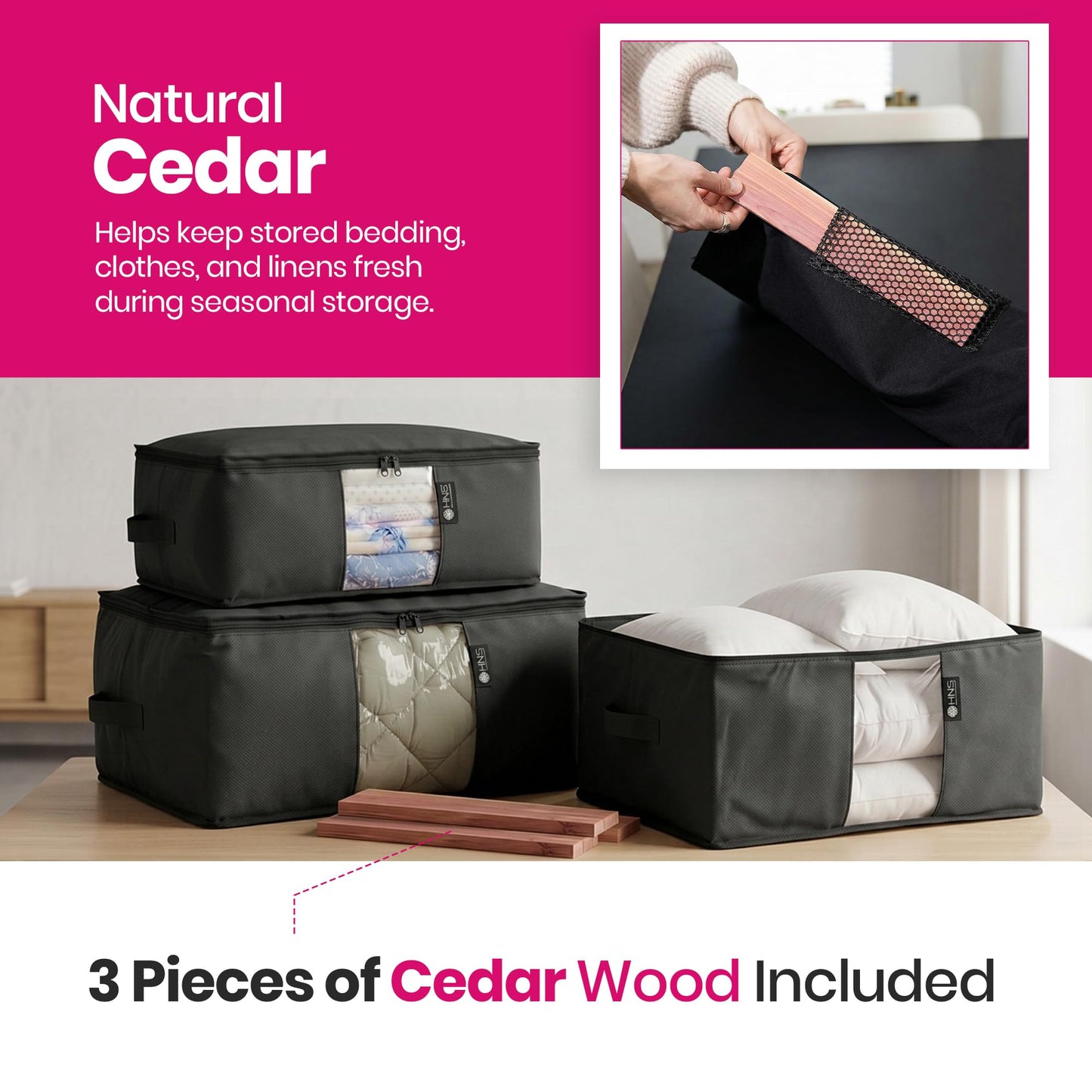 Cedar Storage Bag Organizer for Bedding Set - Protects from Moths, Moisture, Dirt & Dust - Set of 3 Storage Bags for Bed Sheets, Comforter, Pillows & More - Space-Saving Bedding Organizer, Black