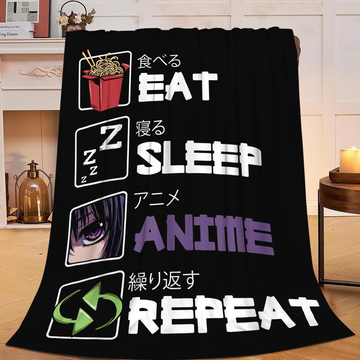 Eat Sleep Anime Blanket for Boys Girls Flannel Anime Throw Blanket Ultra Soft Cozy Fleece Decor Blankets Gift for Womens Mens Couch Sofa Bed 50" x 40"