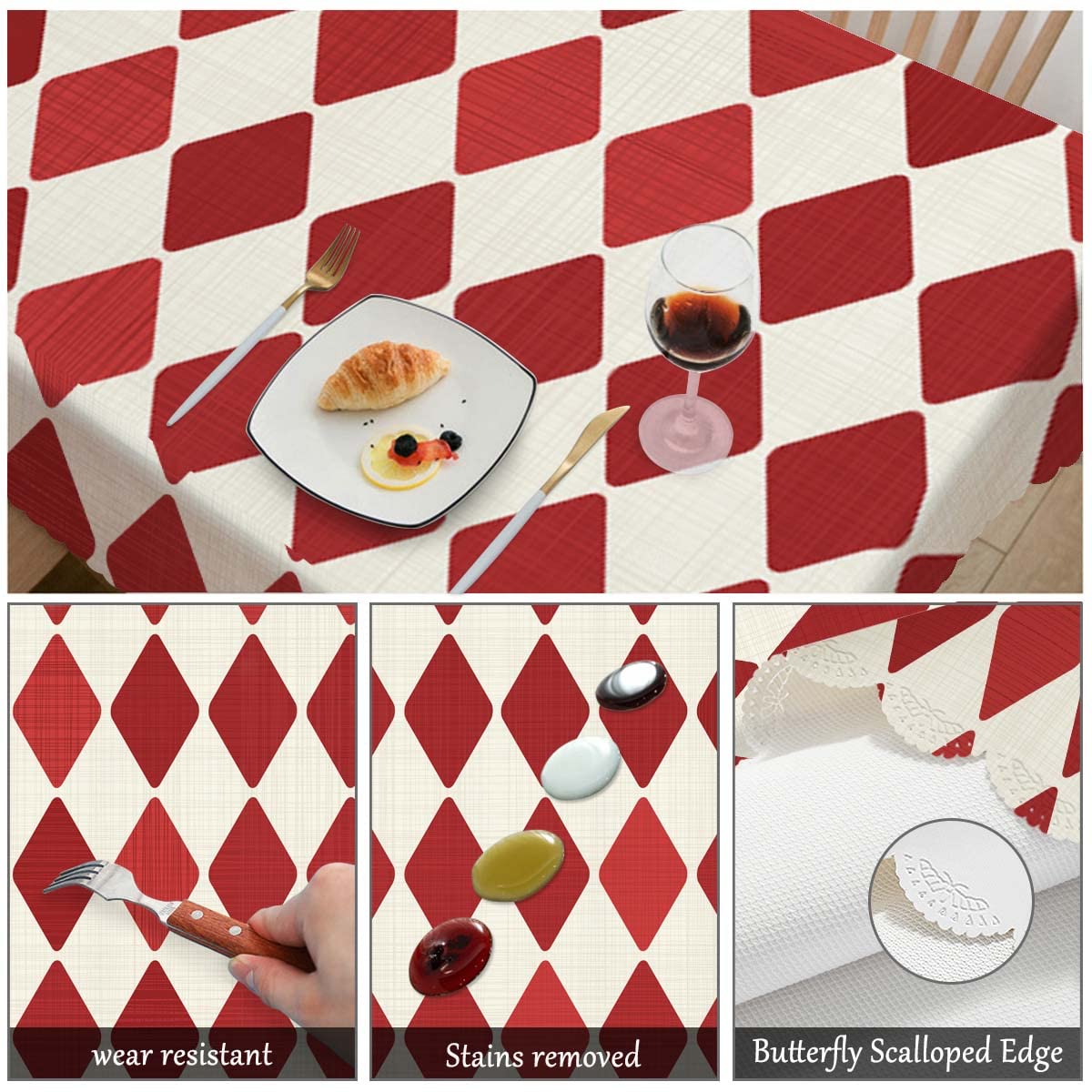 Swono Tablecloth Red Rhombuses, Retro Diamond Argyle Red Table Cloth for Kitchen Dining Tabletop Decoration Parties Weddings, 52 X 70 Inch Rectangle Picnic Tablecloth