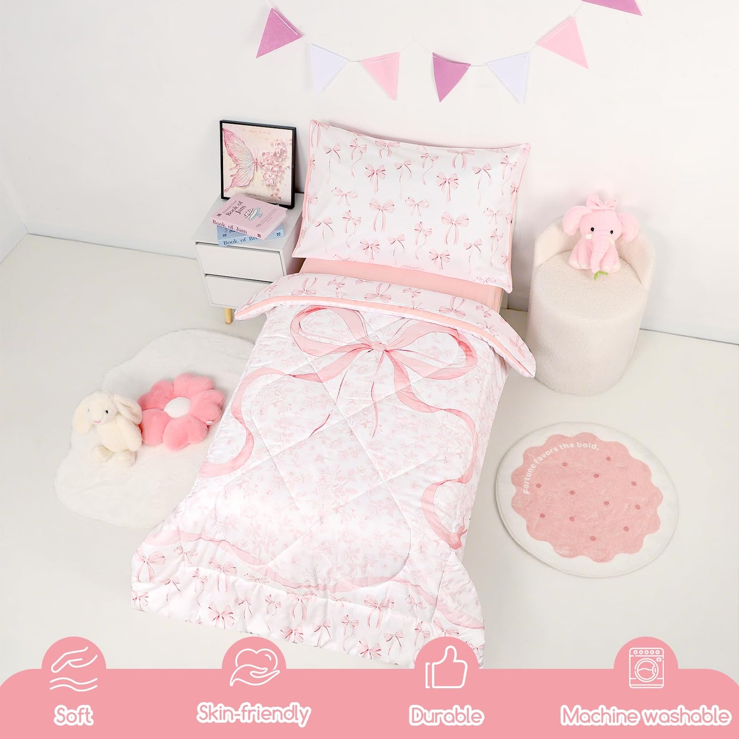 DAYEEBALL 4 Piece Toddler Bedding Set, Ultra Soft and Breathable Toddler Comforter Sets for GirlsIncludes Quilted Comforter, Fitted Sheet, Flat Sheet and Pillowcase, Pink Bow