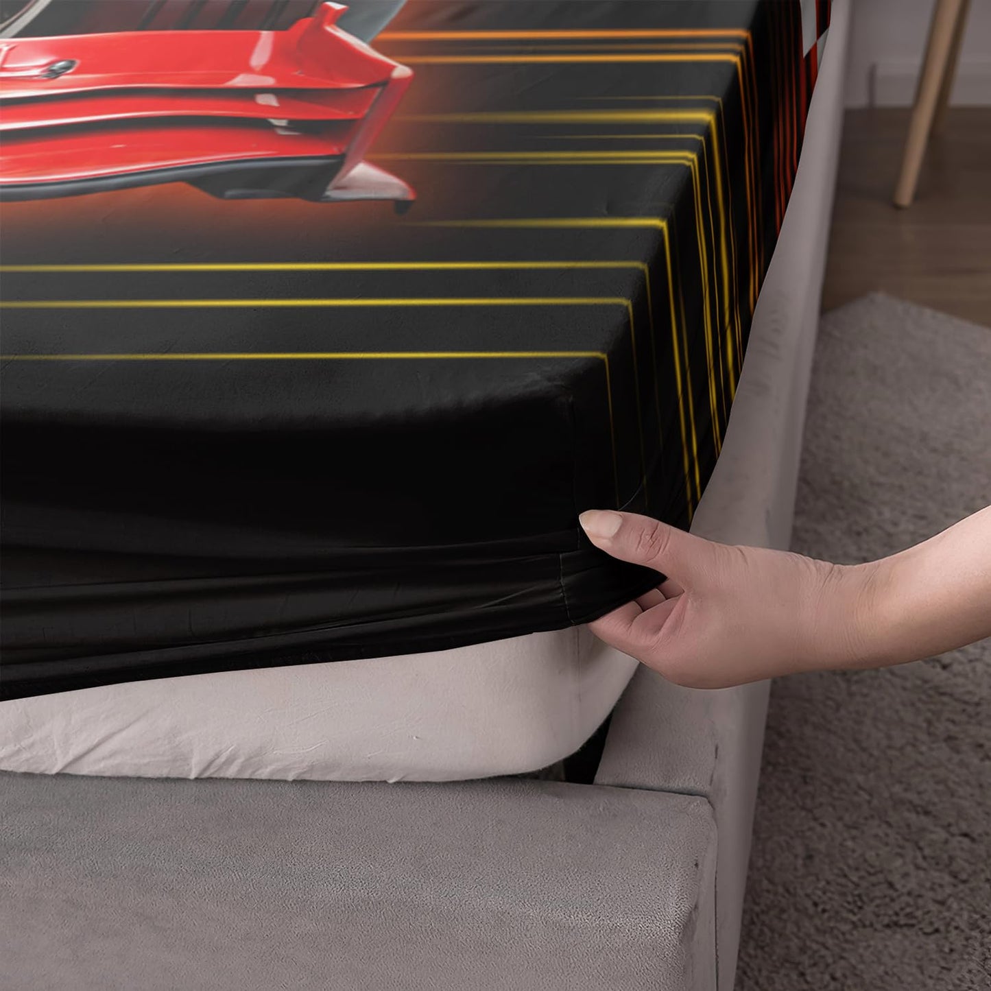 UEVBF Red Cars Bedding Fitted Sheet Set Twin Size,Black White Checkered Racing Flag Fitted Sheet,Race Car Room Decor for Kids Boys,Cool Sports Themed Bedding Sets,1 Fitted Sheet+2 Pillowcases.