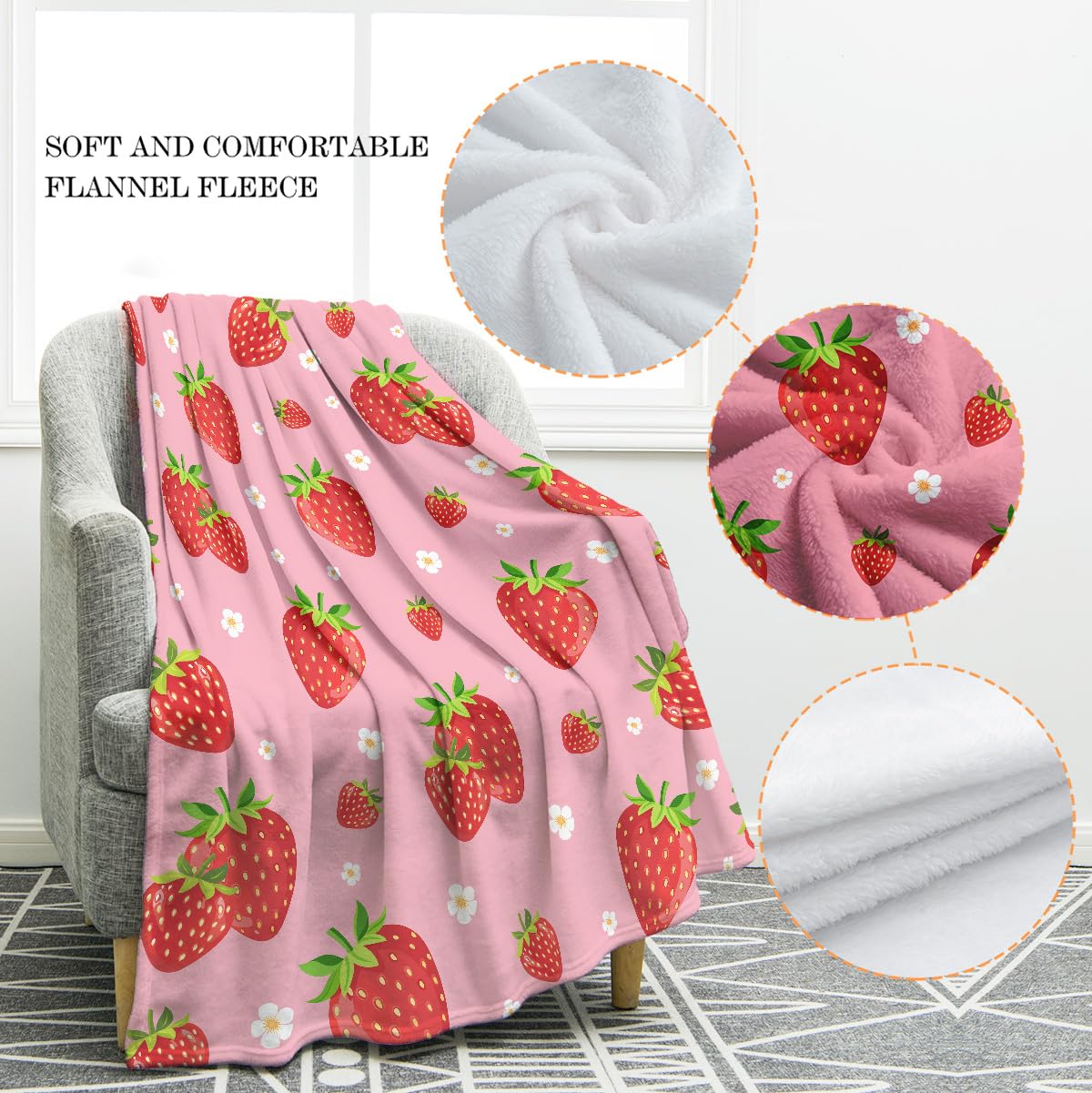 Jekeno Strawberry Fruit Floral Blanket Cute Flower Gifts for Women Kids Girls Mom Wife Men Boys Birthday Christmas Halloween Easter Home Bedroom Bed Sofa Decor Plush Throw Pink 50"x60"