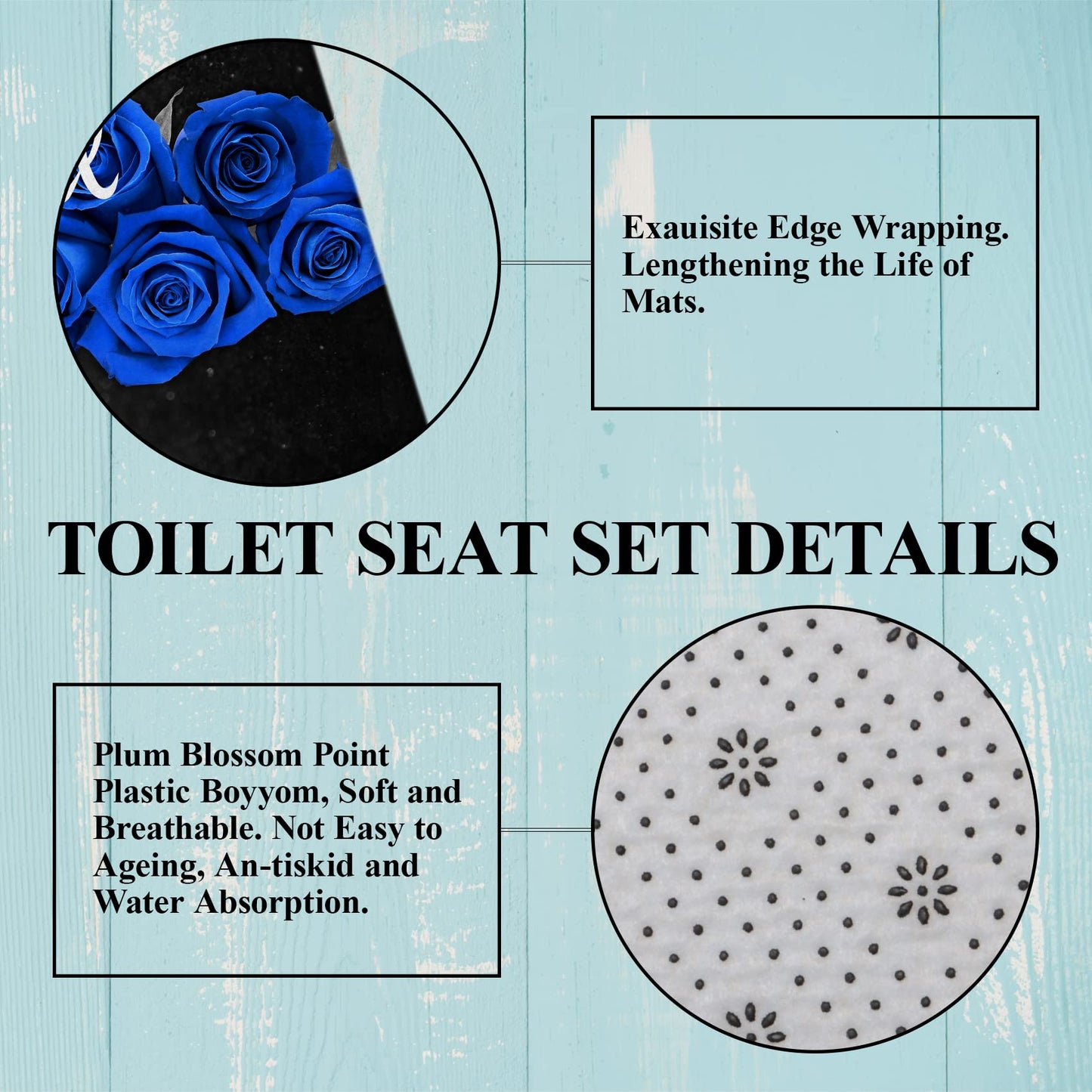 4Pcs Blue Rose Shower Curtain Set, Thankful Grateful Blessed Bathroom Curtain with Non-Slip Rug, Toilet Lid Cover, Bath Mat and 12 Hooks, Romantic Royal Blue Floral Wedding Decor for Bath, 72 x 72 in
