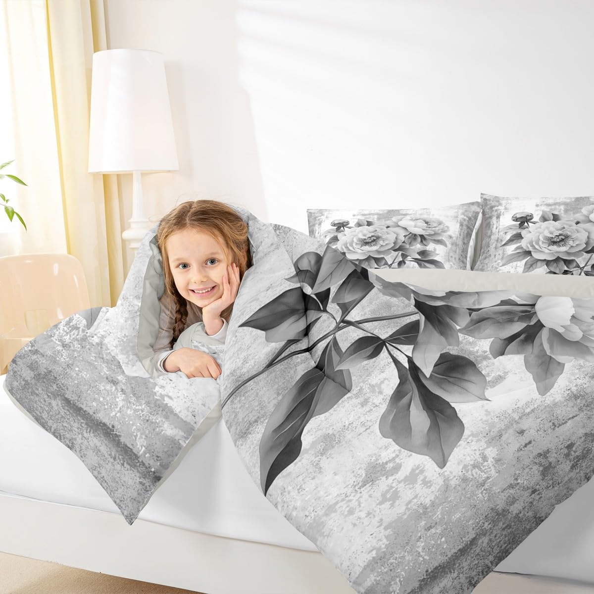 Erosebridal Watercolor Peony Floral Queen Comforter Set Abstract Oil Painting Bedding Set Rustic Farmhouse Bed Set Gray White Flowers Quilt Set