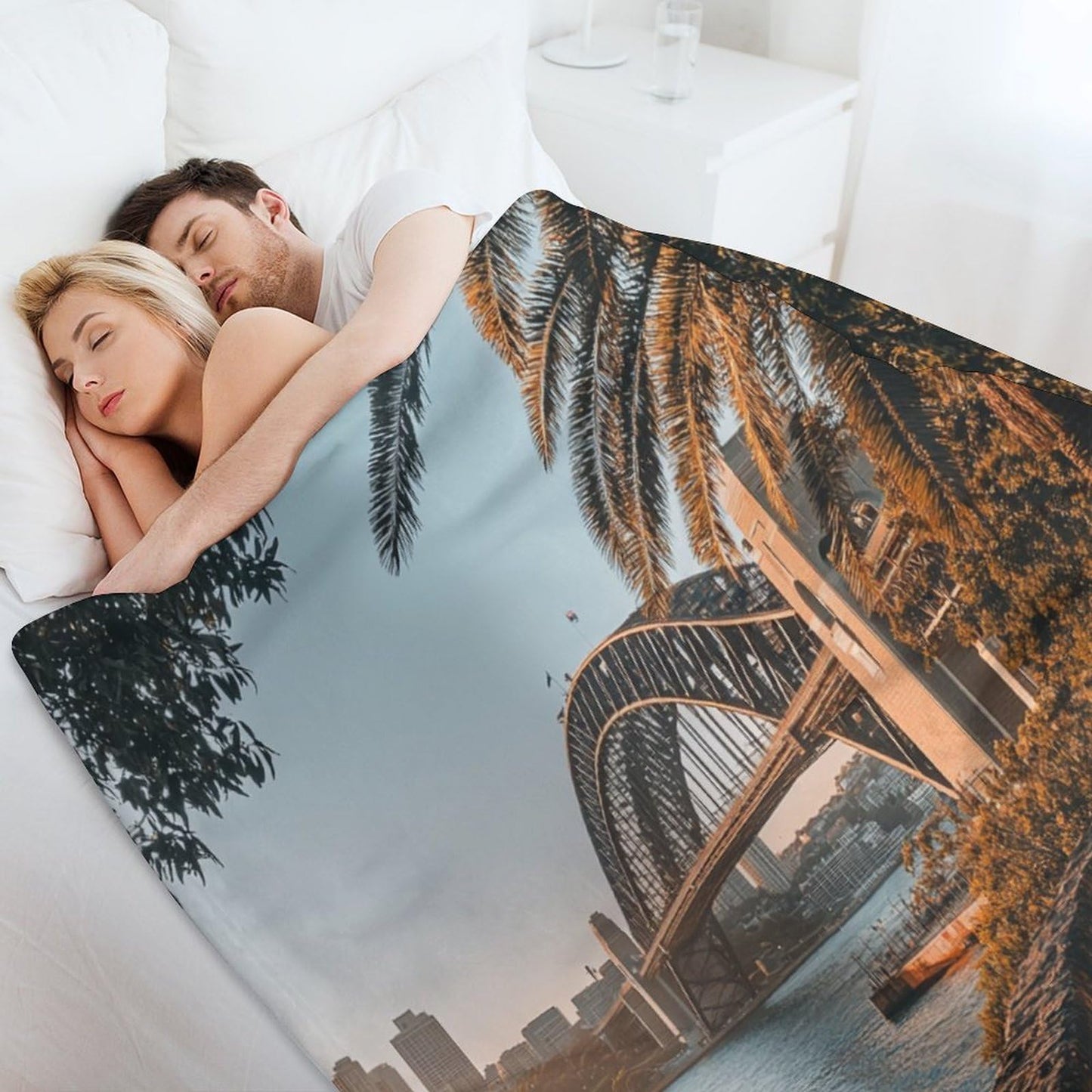 HDESDIS Modern City Bridge Throw Blanket, Soft Cozy Warm Sunset Harbour Skyline View Flannel Blankets for Sofa Couch Bed, 30x40 Inch