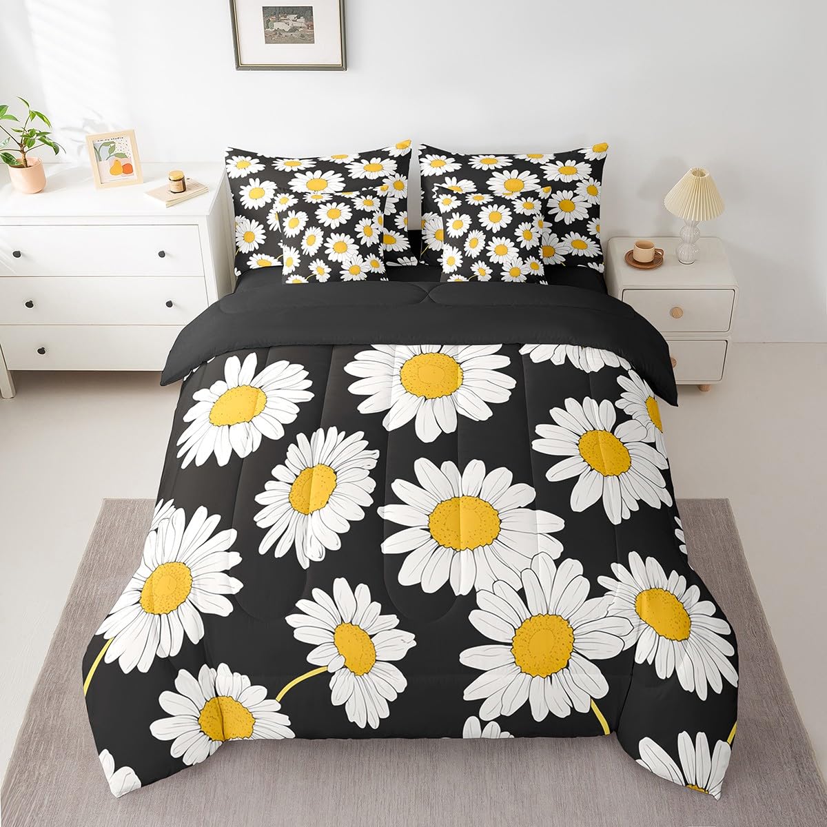 Erosebridal Daisy Floral Comforter Set 7 Piece Bed in a Bag Twin,Fashion Flowers Bedding Sets Abstract Blossom Theme Comforter and Sheet Set,Rustic Aesthetic Plant Bed Set