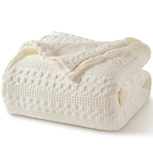 PHF 100% Cotton Waffle Blanket King Size for Bed, Lightweight Breathable and Soft for Summer, Luxury Aesthetic Waffle Weave Blanket for Home Decor & Gifts for Women, 108"x90", Ivory