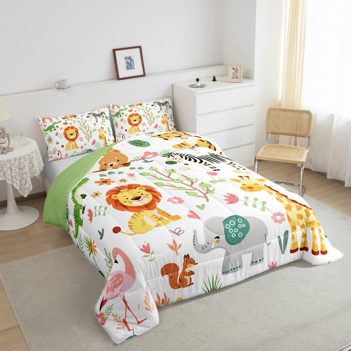 Feelyou Full Size Cartoon Lions Giraffe Comforter Set Zoo Animals Bedding Set Flamingo Zebra Comforter for Kids Boys Girls Kawaii Animals Duvet Insert 3Pcs