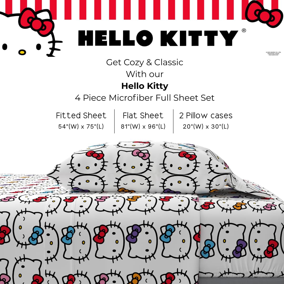 Hello Kitty Bows Bedding Super Soft Cozy Microfiber 4 Piece Full Sheet Set, (Officially Licensed Product) By Franco