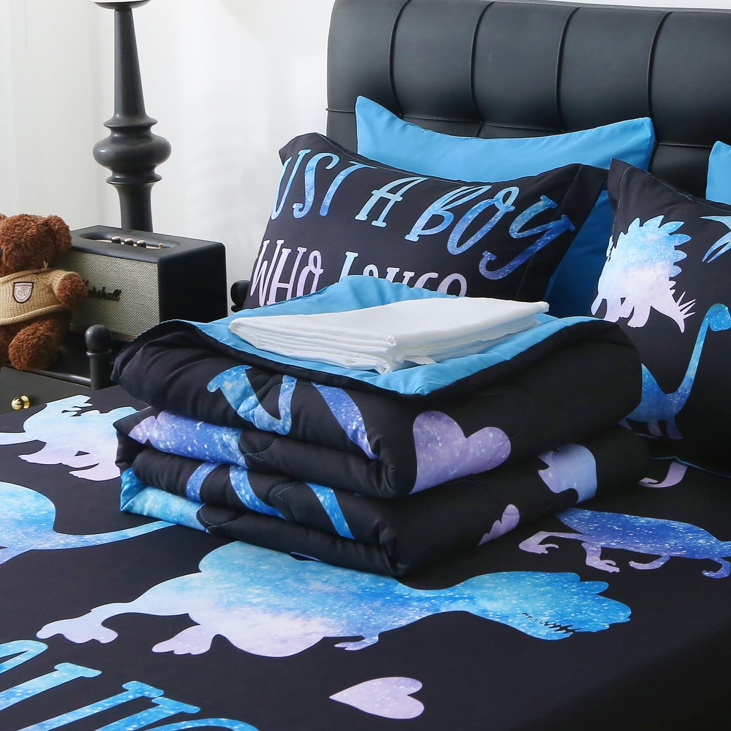 Jameswish 7 Piece Boys Dinosaur Comforter Set Full Size Blue Dinonsaur Soft Microfiber Bed in A Bag with Comforter,Sheet Set,Pillowcase and Sham for Child Teens All Season