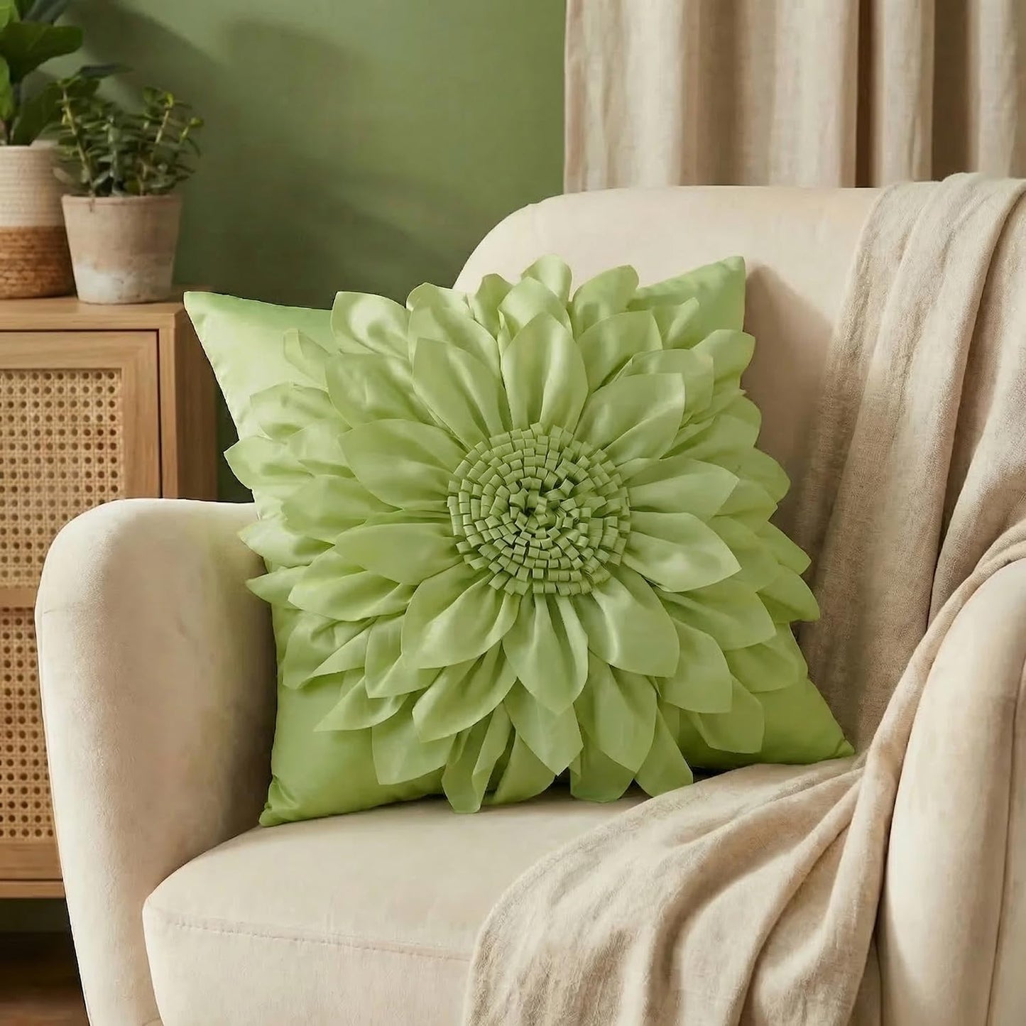 Bella's Giftshop 3D Sunflower Decorative Throw Pillow Covers for Bed Sofa Couch Chair, Accent Floral Taffeta Cushion Cover, Handmade Pillow Cases Living Room Decor, 17x17 Inch-Green/Sage