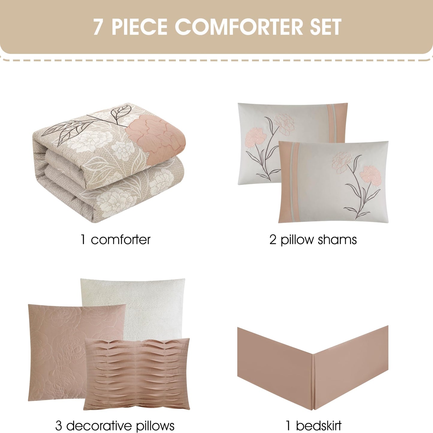 Stratford Park Wonderful 7 Piece Comforter Set, Queen Size, Blush, Modern Design, Matching Bedskirt, Pillows & Shams