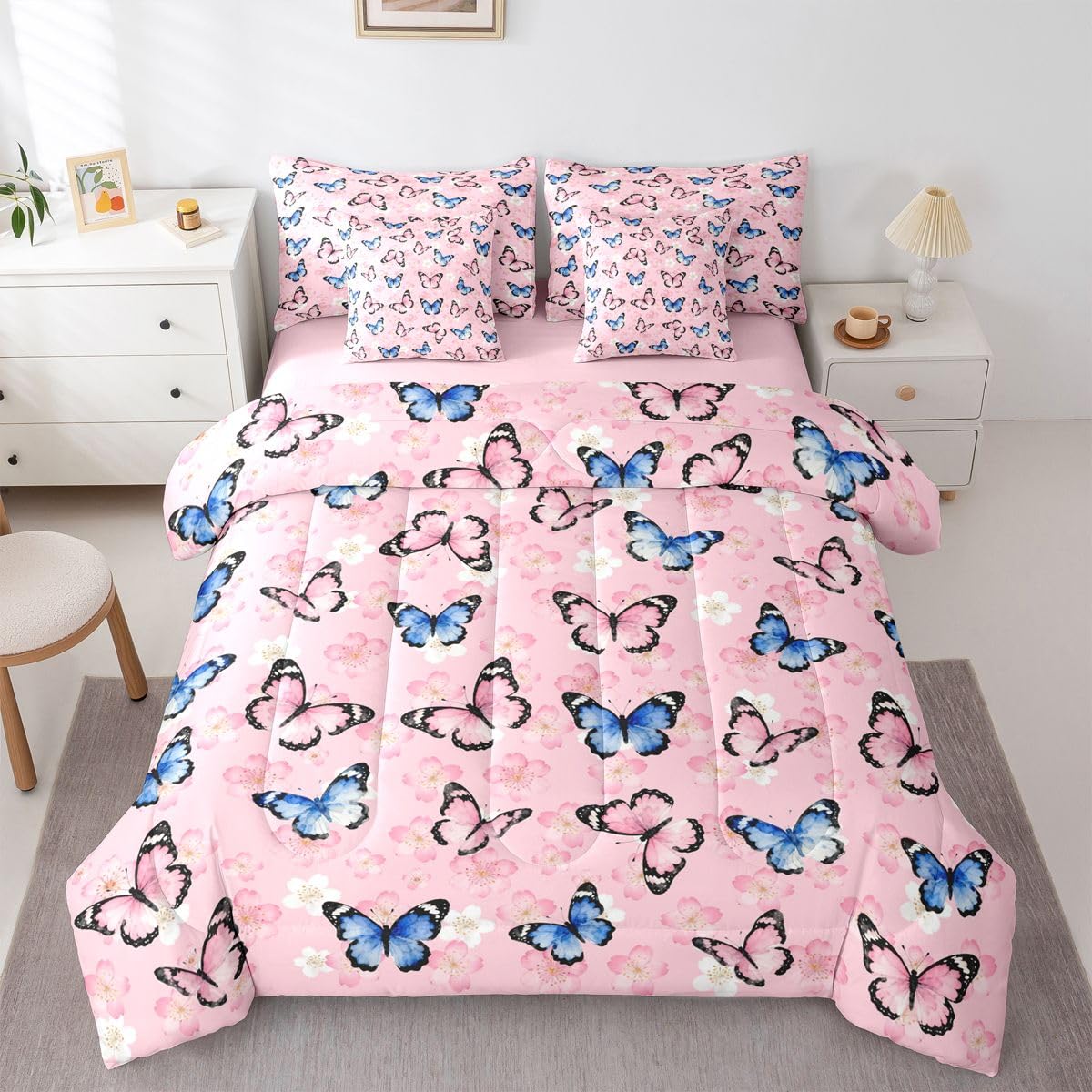 Erosebridal Watercolor Cute Butterflies 7 Piece Bedding Set Twin 3D Pink Flower Print Comforter Set with Sheets Floral Leaves Bed in a Bag Cherry Blossom Bed Sets Comforter