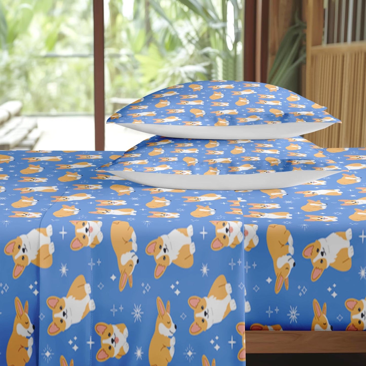 Pamnest Queen Size Bed Sheet Sets, Kawaii Cute Corgi Soft Microfiber 4 Pcs Bedding Sets for Kids and Adults Bedroom Bed Decor, Dog Animal Flat, Fitted Sheet and 2 Pillowcases