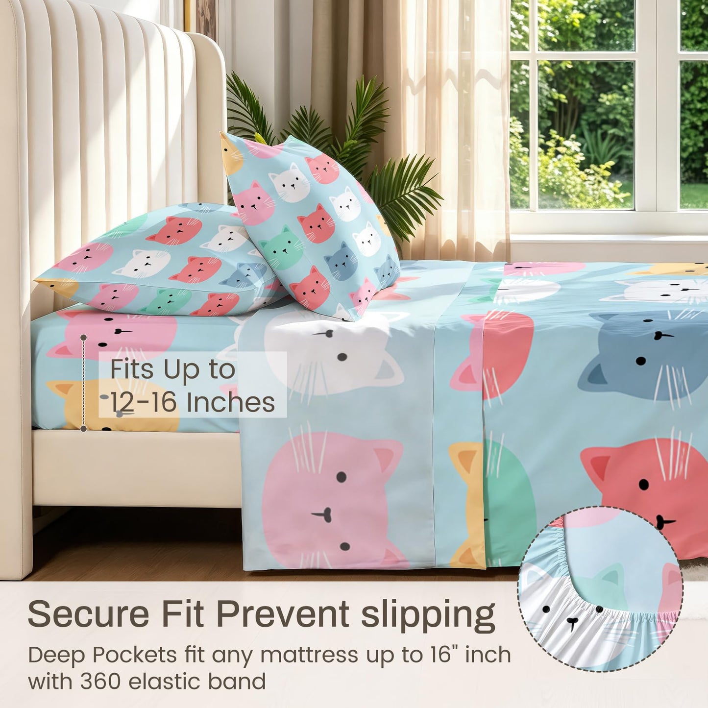 Cute Cat Sheet Set, 4 Pcs King Size Girls Kitten Bed Sheets