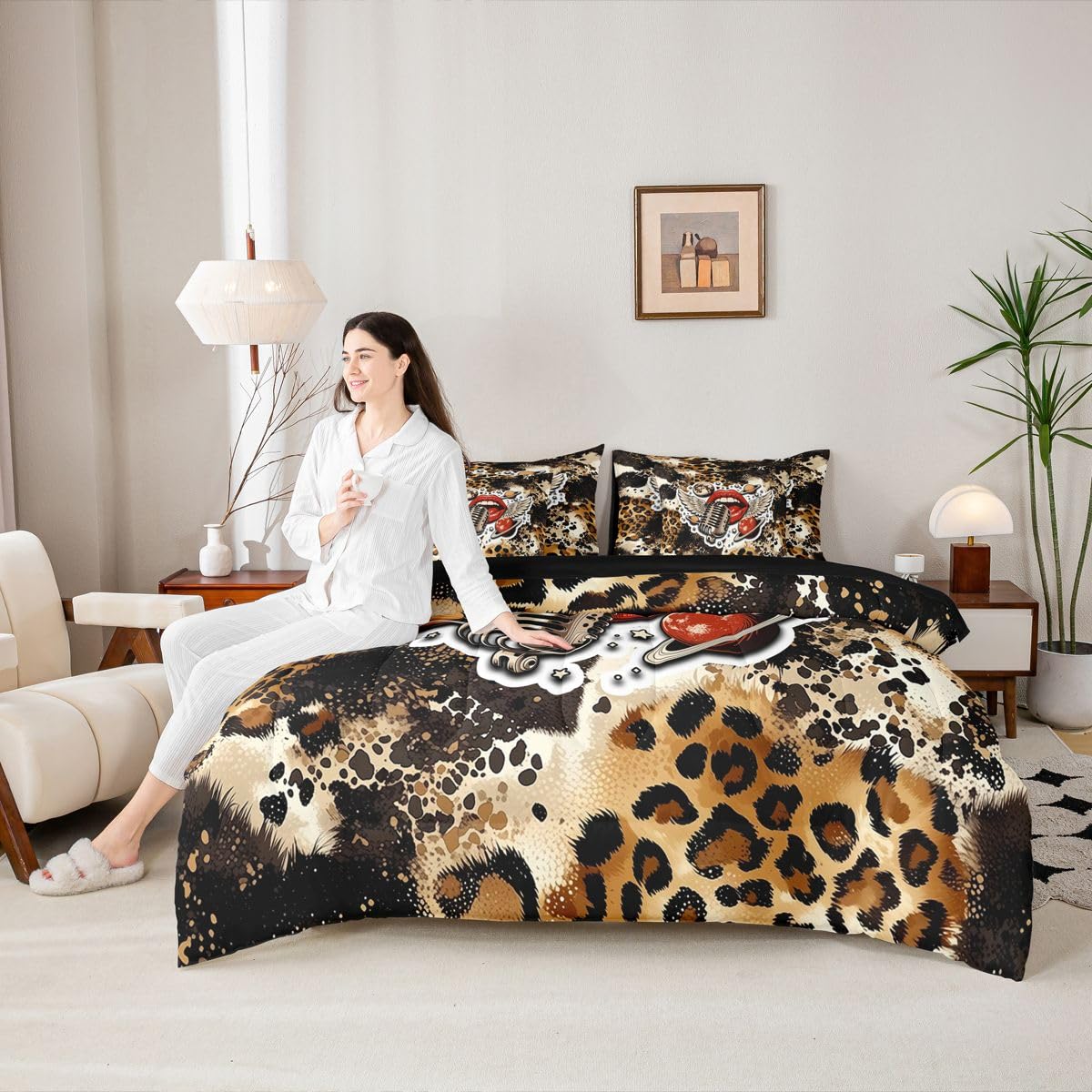 Erosebridal Leopard Print Twin Size Bedding Set Retro Rock & Roll 7 Pieces Comforter Set with Sheets for Women Girl Alluring Lips Bed in a Bag Y2K Trendy Wings & Planets Bed Sets