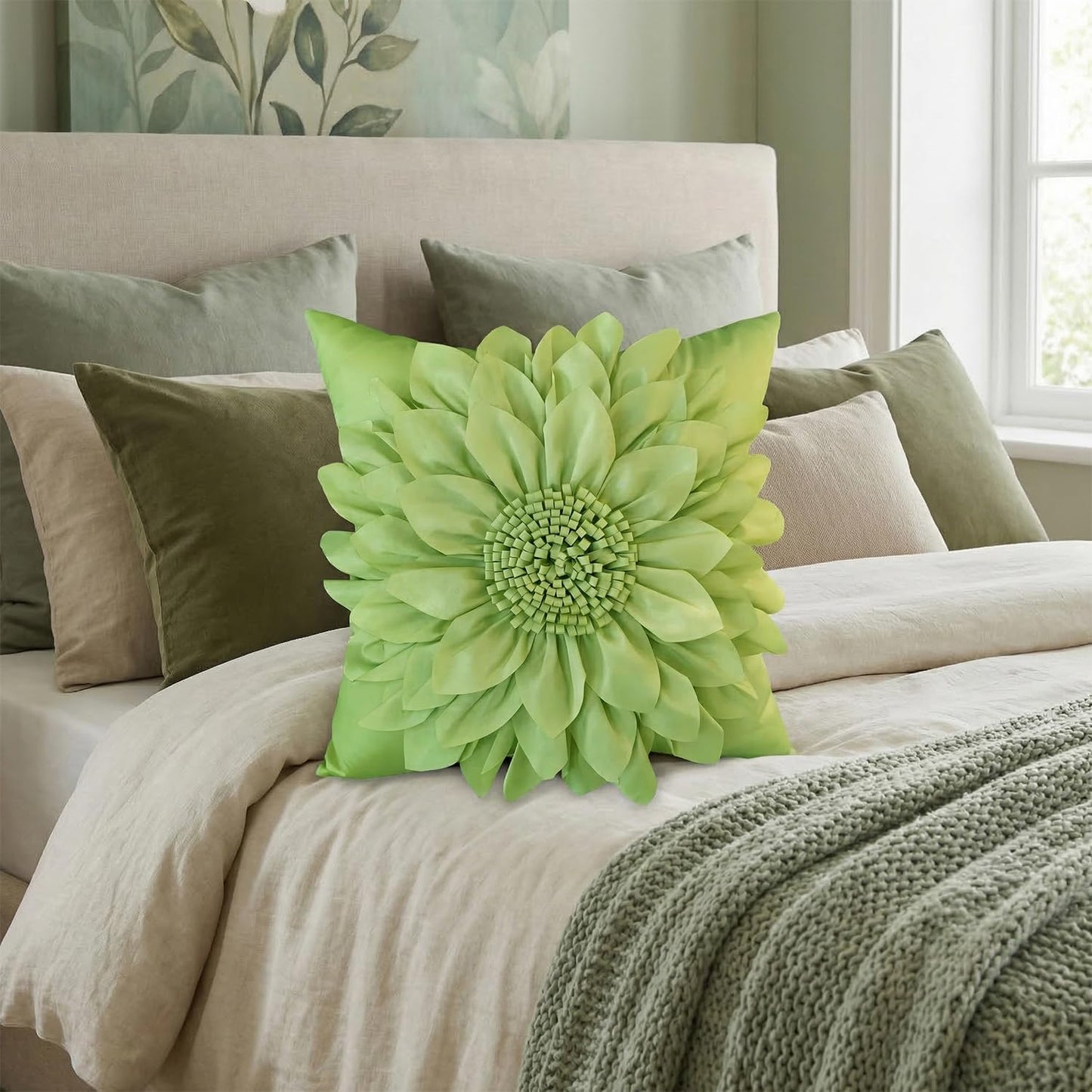 Bella's Giftshop 3D Sunflower Decorative Throw Pillow Covers for Bed Sofa Couch Chair, Accent Floral Taffeta Cushion Cover, Handmade Pillow Cases Living Room Decor, 17x17 Inch-Green/Sage