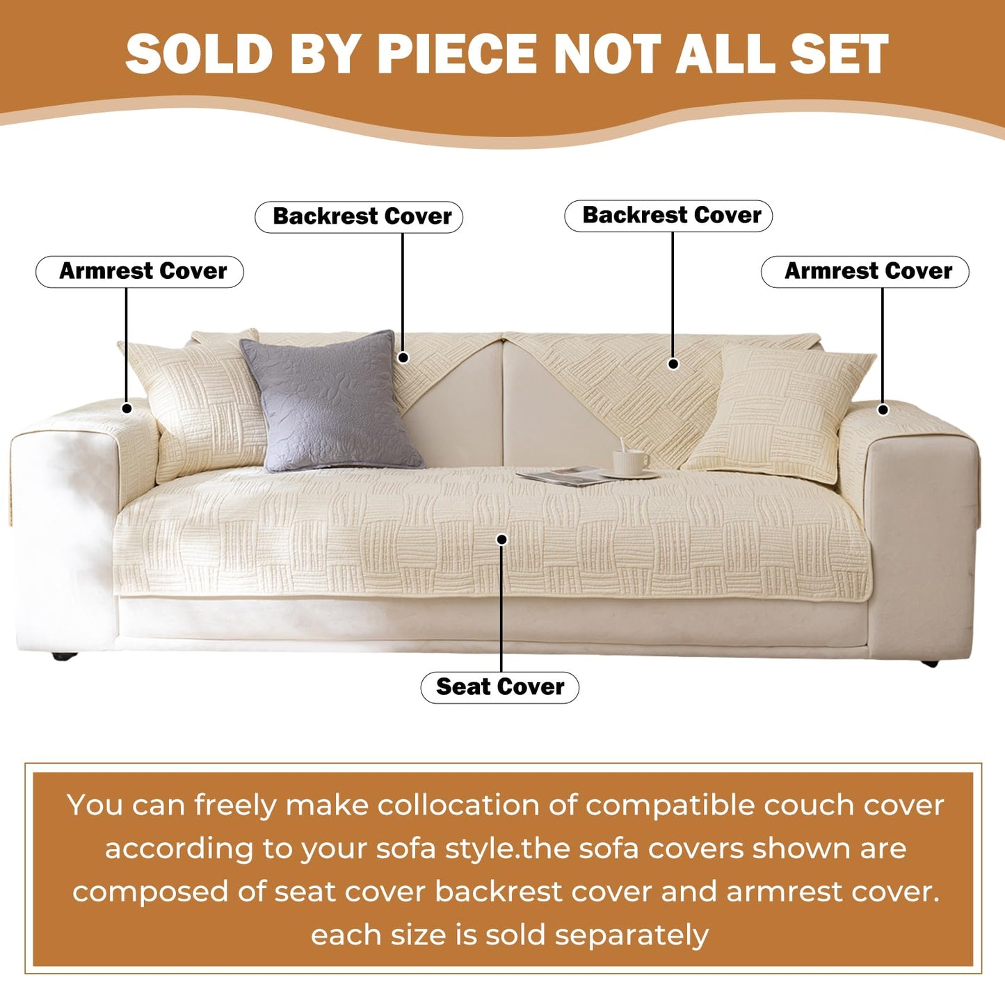 XSlive Farmhouse Couch Cover Solid Color Neutral Sofa Cover Soft Cotton Quilted Sectional Couch Covers Non Slip Washable Sofa Slipcover Furniture Protector for Living Room (Ivory B,28"x28")