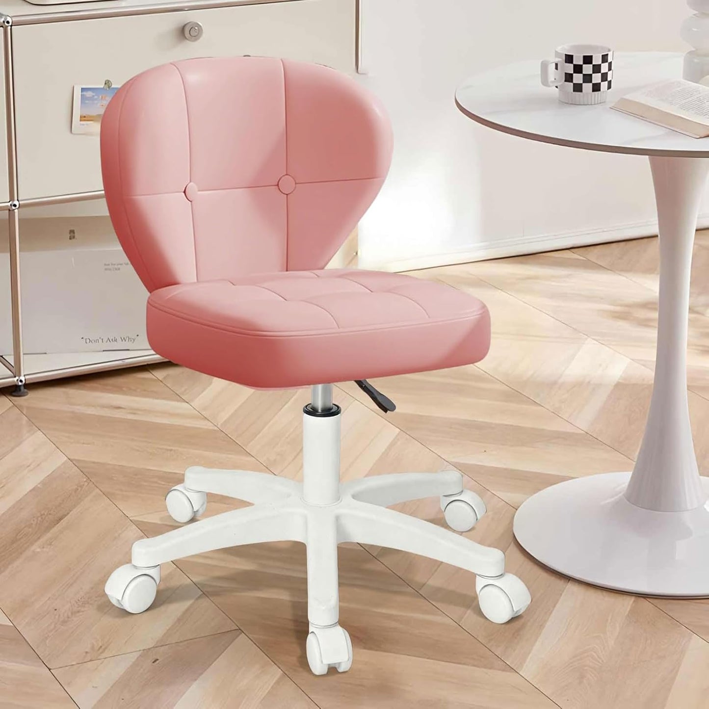 Timbertouch Small Office Chair with Lumbar Support, PU Leather Armless Swivel Desk Chair Adjustable Height, Compact Rolling Chair for Home Office, Bedroom, Study （Pink）