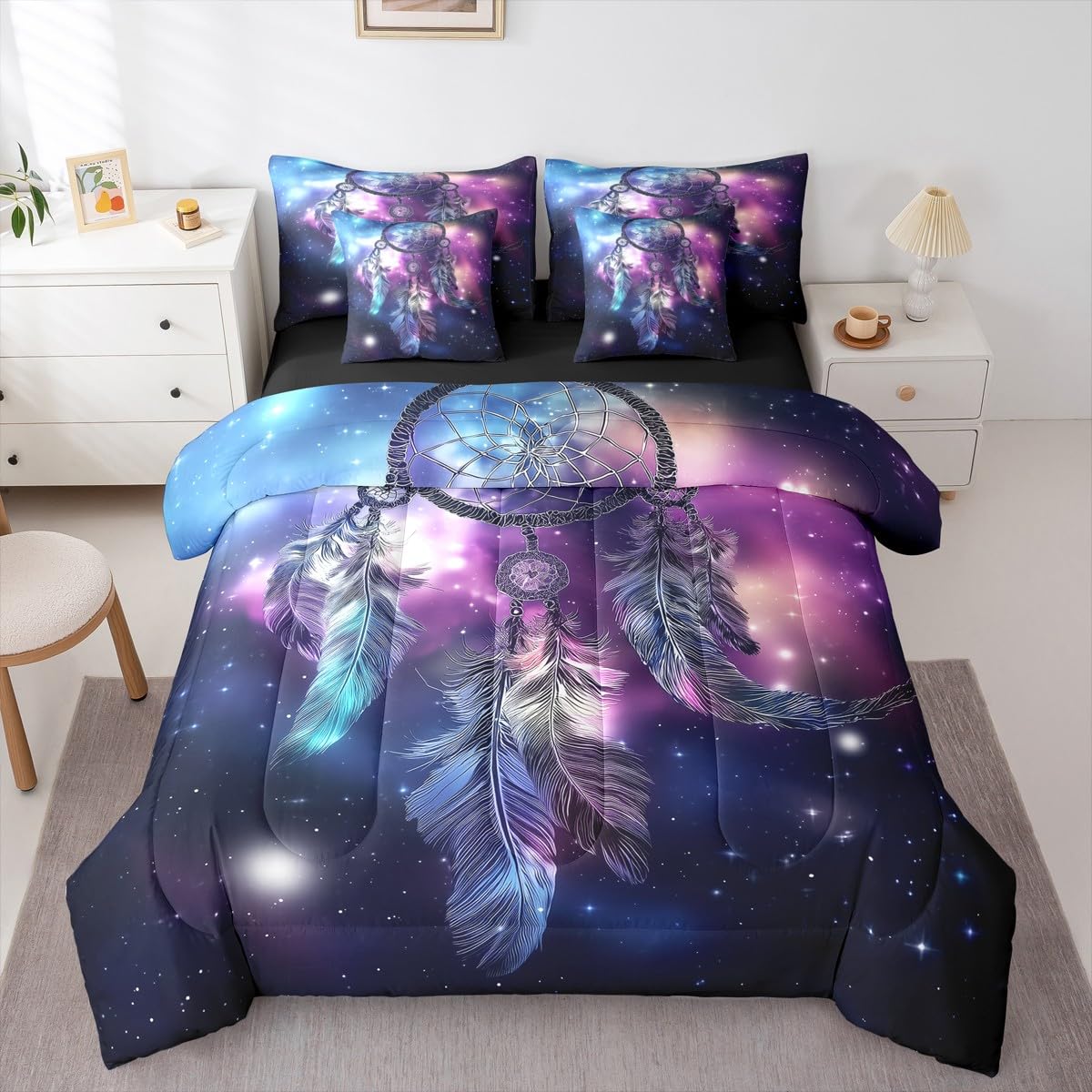 Erosebridal Dream Catcher Full Comforter Set, Nebula 7-Piece Bed in A Bag, Purple Feather Sheets and Pillowcases, Galaxy Starry Sky Bed Sets