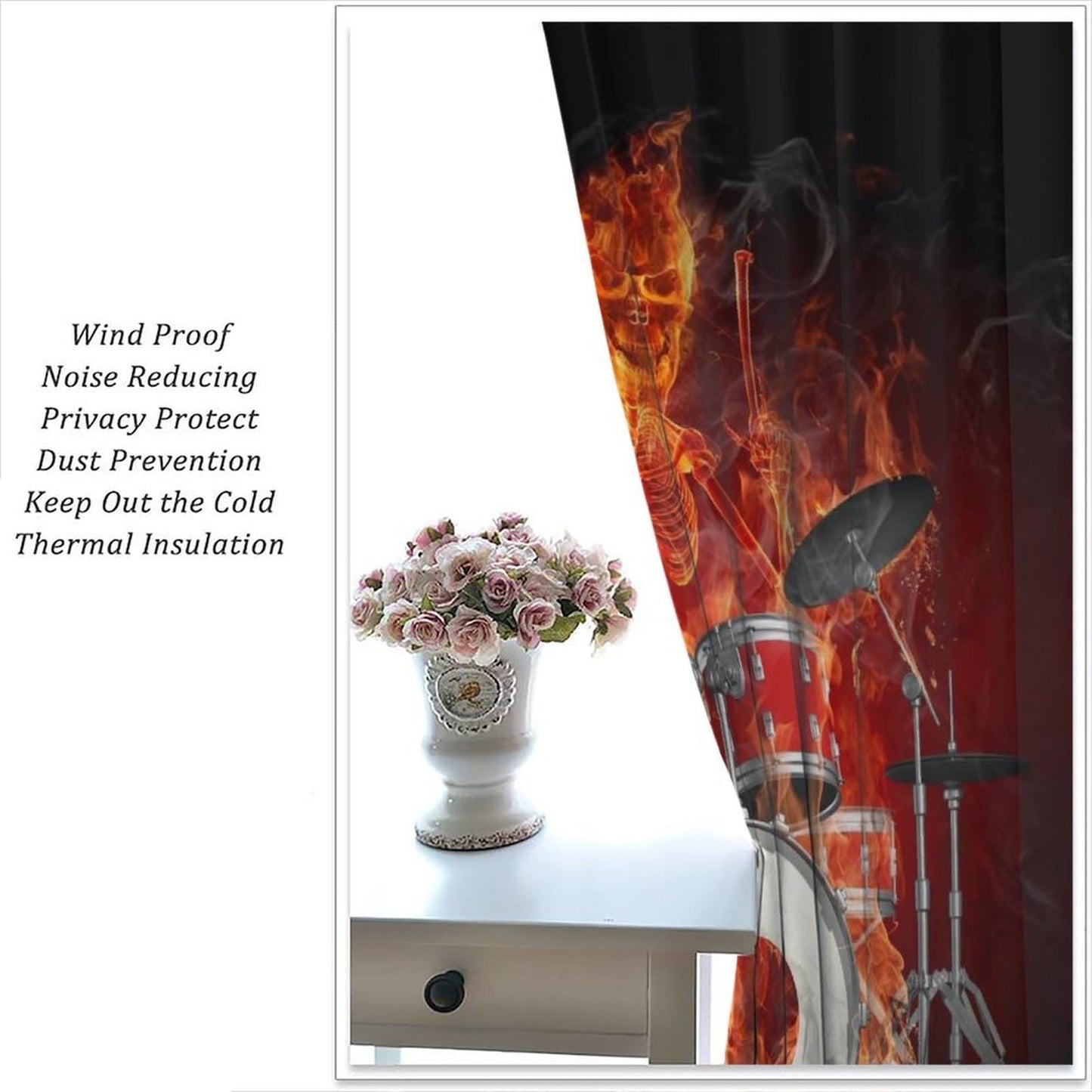Music Curtain, Skeleton Flame Drums Hell of A Drummer Rock Music Theme Window Treatments Drapes for Boys Girls Teens Bedroom Living Room 42" W X 45" L(No Blackout)