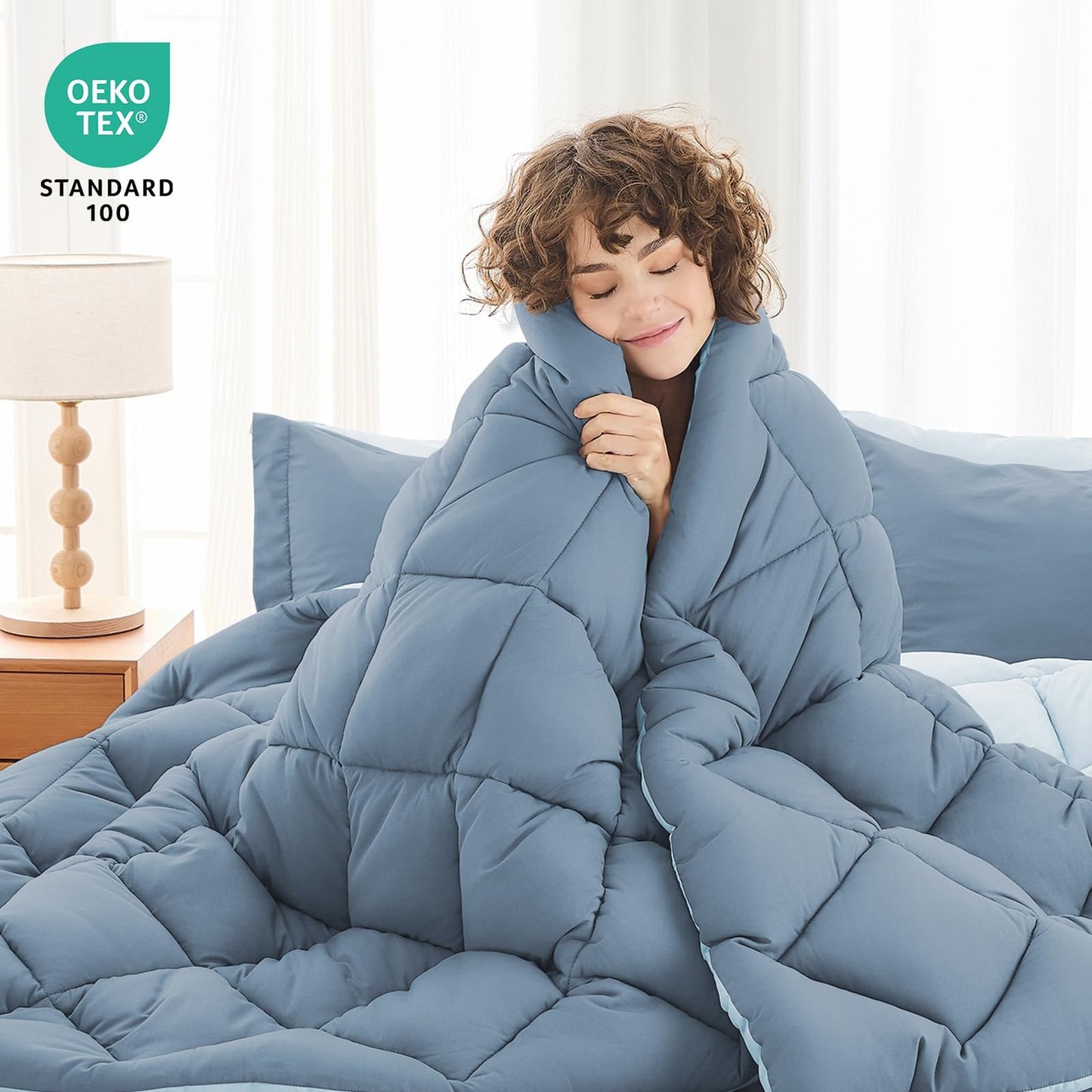 MUXHOMO 7 Pieces California King Comforter Set, Reversible Bed in a Bag Cal King Size, All Season Bedding Set with Comforter, Flat Sheet, Fitted Sheet, Pillowcases & Shams, Mineral Blue & Light Blue