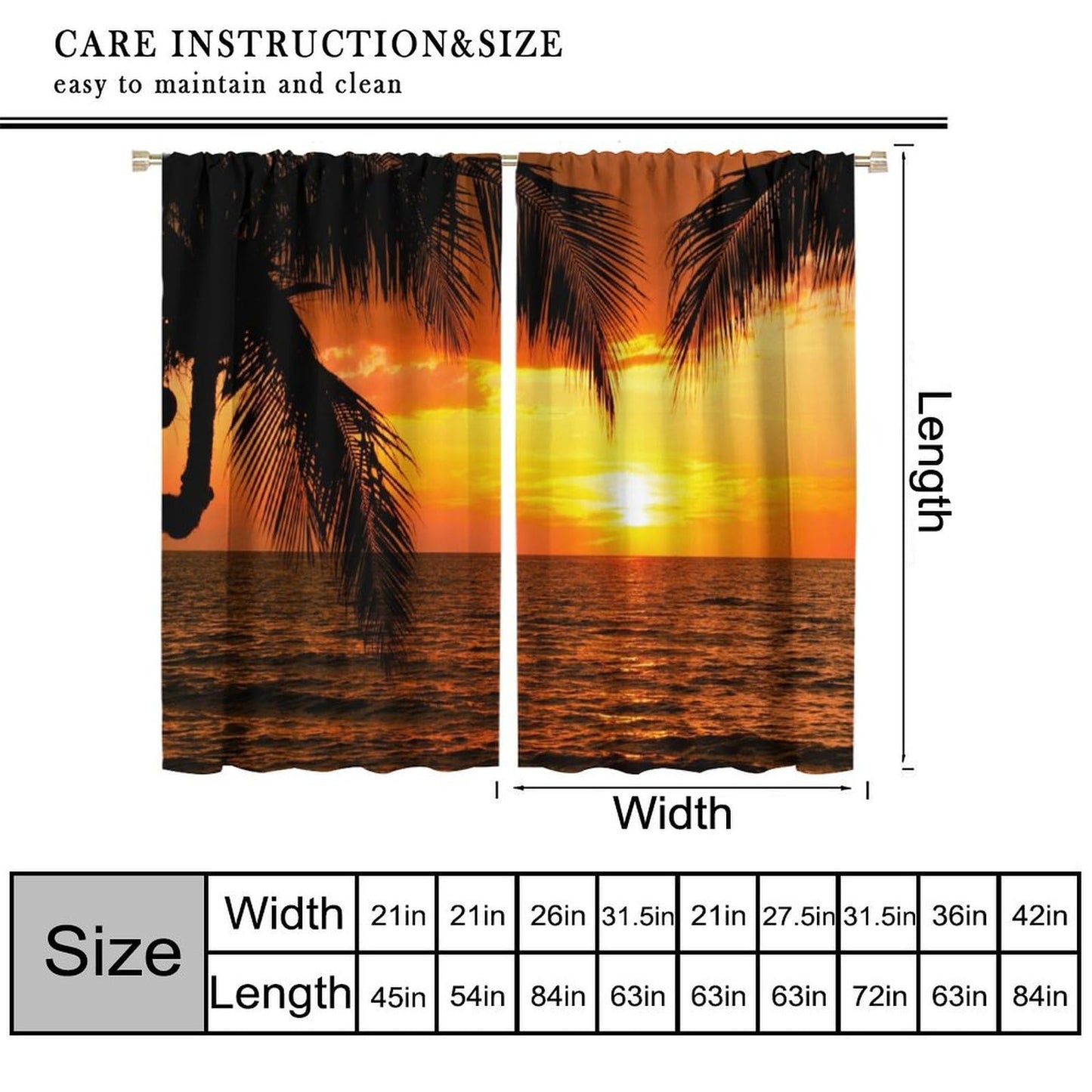 Focusbrite Tropical Ocean Sunset Window Curtains,Sea Beach Seaside Palm Tree Dusk Nature Scenery Print Decor Home Apartment Bedroom Living Room Set 2 Panels,42x45 Inches