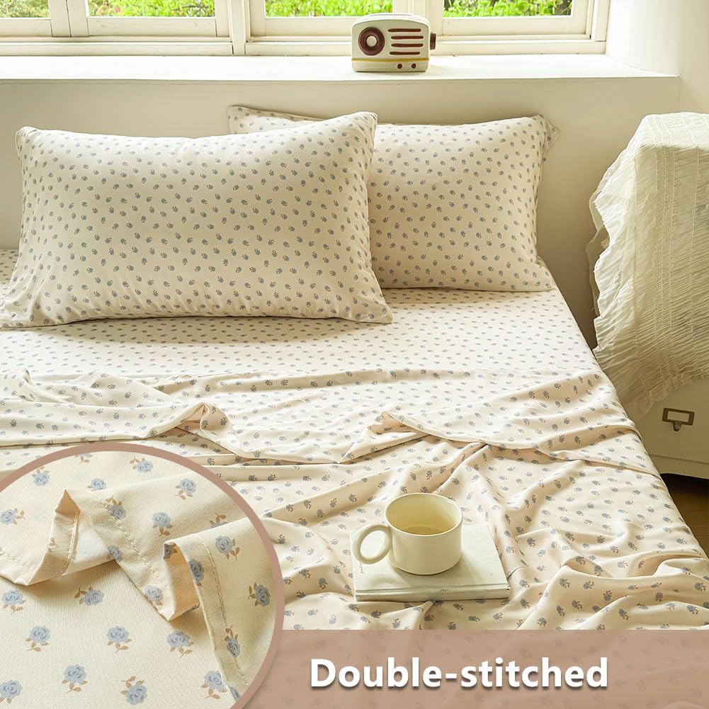 JaTaCa Blue Floral Full Sheet Set, Cooling Boho 100% Viscose Derived from Bamboo Sheets, Silky Bedding for Hot Sleepers, 4-Piece Full Flower Print Bedding Set with Deep Pocket up to 16"