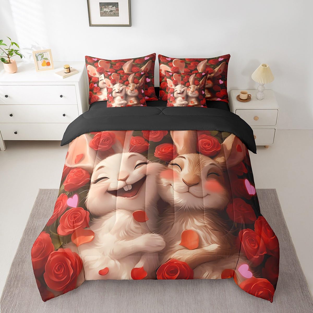 Erosebridal Cartoon Rabbit 7 Piece Bedding Set for Kids Teen Boys Girls,Valentine's Day Rose Comforter Set Full Size,Cute Animal Couple Bed in A Bag Red Romantic Flowers Love Sheet Set with Comforter