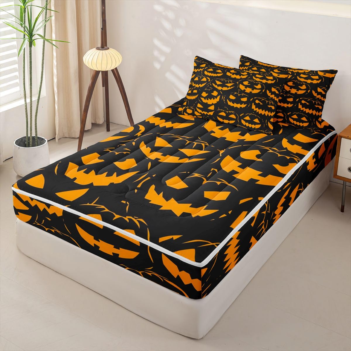 Feelyou Spooky Pumpkin Zipper Bedding Queen Halloween Themed Bedding Sets for Kids Boys Girls Trick or Treat Comforter Set with Fitted Sheet 2 Pillowcases Graveyard One Zipper Bed Set for All Seasons