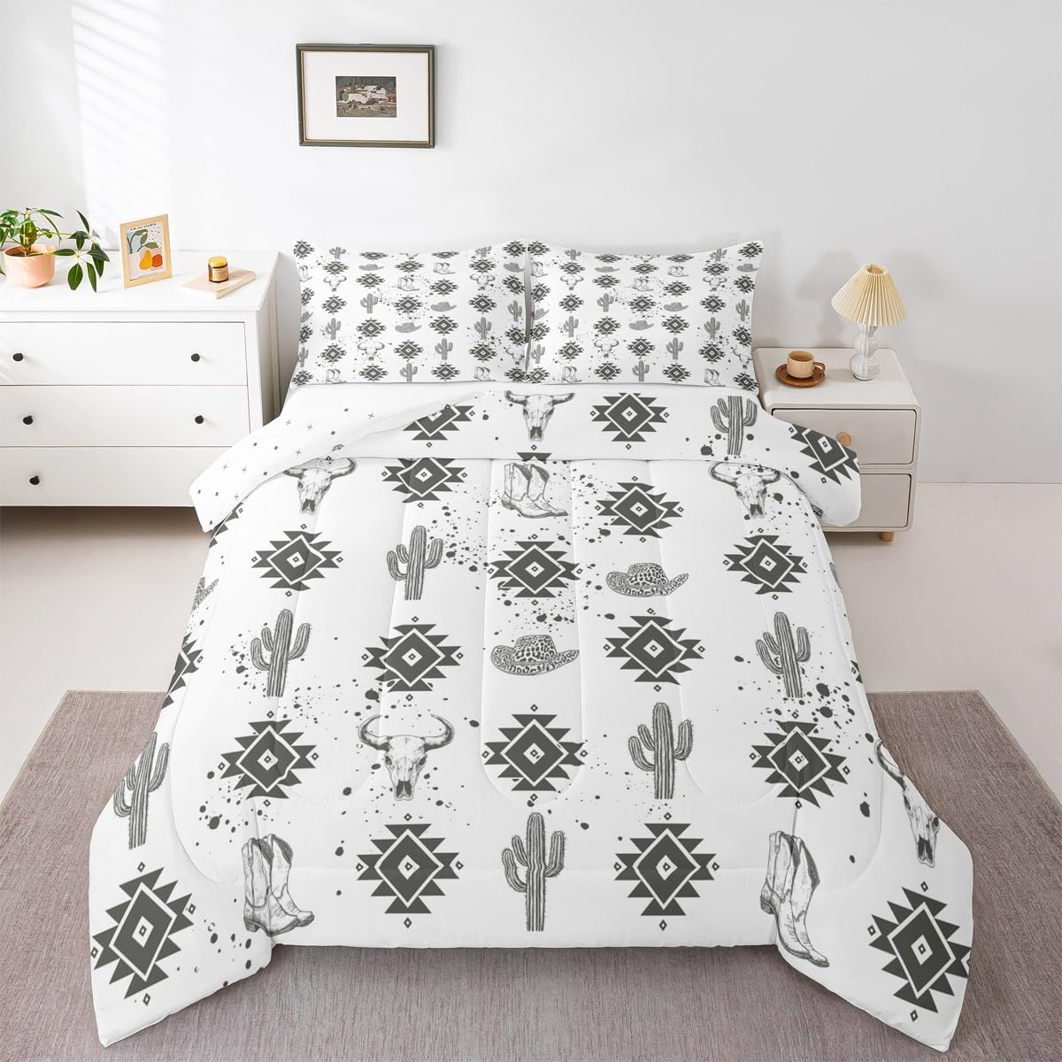 jejeloiu Boho Comforter Set Queen Size Western Decor Bedding Set for Kids Boys Girls Bull Skull Duvet Quilt Cactus Bedroom Decor Microfiber 3 Pcs with 2 Pillow Cases