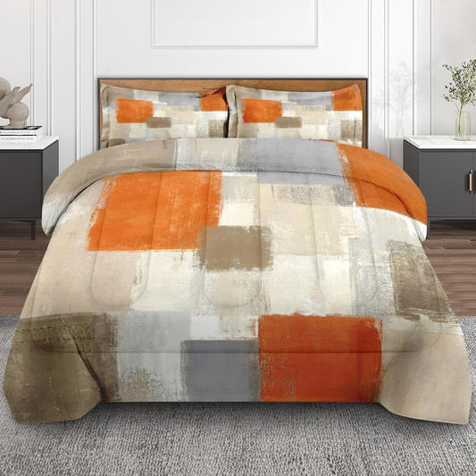 Culudea Gray Beige Orange Painting Comforter Set Twin Size, Grey Contemporary Soft Bedding Set with Pillowcases for Girls Teens Kids Boys Adults Bedroom Bed Decor,1 Quilt 1 Pillow Case