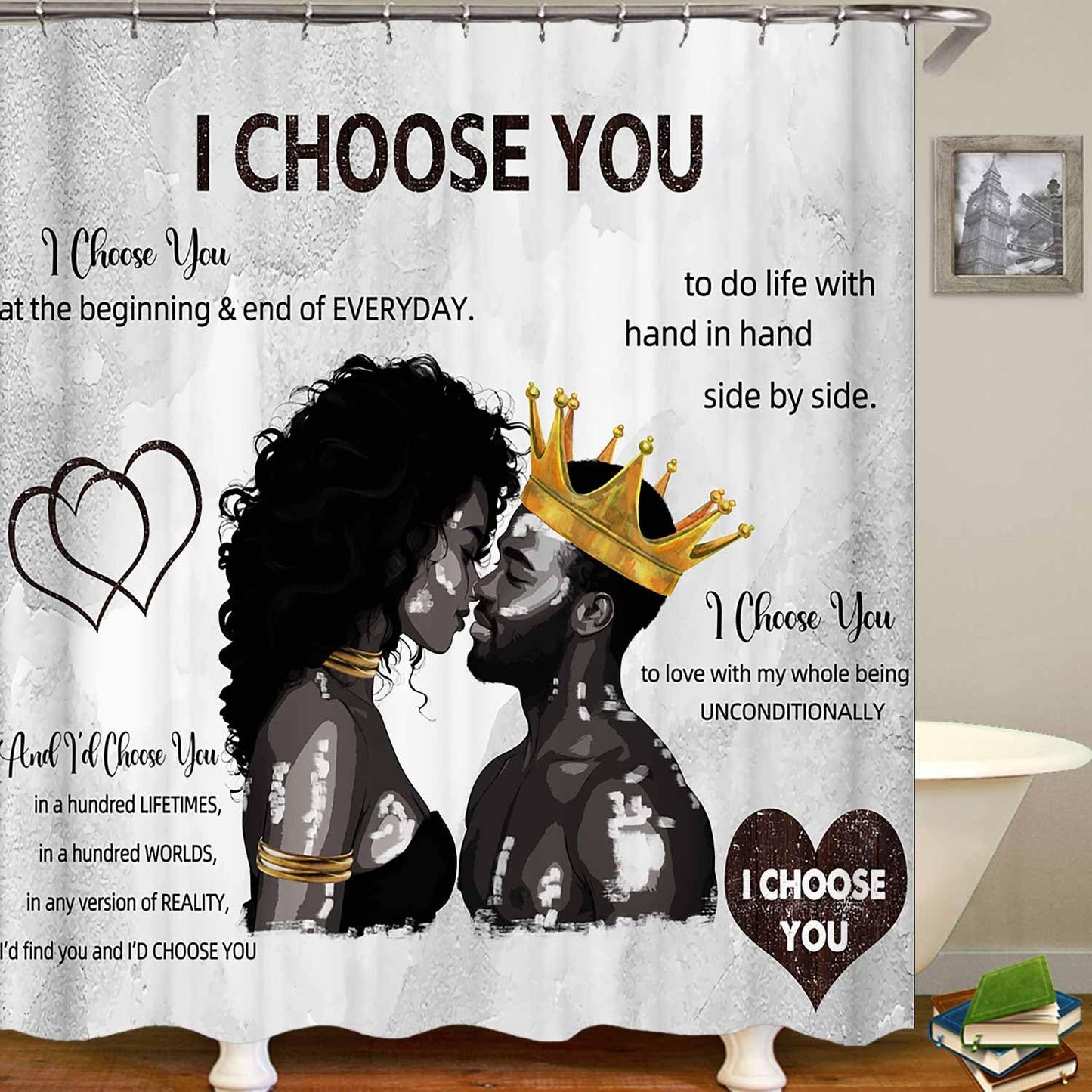 OLEBETY 4PCS African American Shower Curtain Sets with Rugs, Waterproof Fabric Grey Shower Curtain, Black Women Men King Romantic Quotes Anniversary Afro Lovers Couple Bathroom Decor, I Choose You