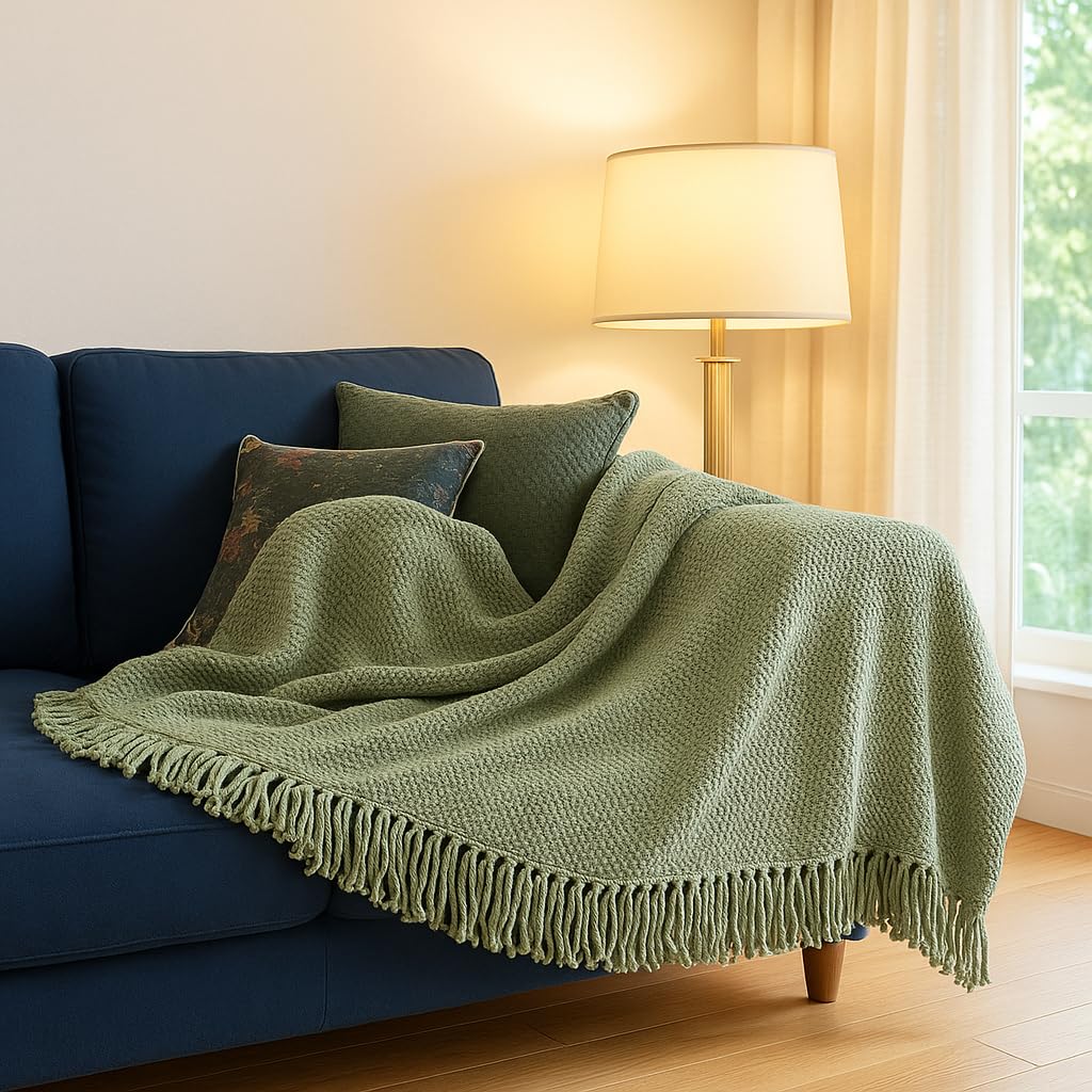 Dot Day Handwoven Cotton Throw Blanket – Chunky Knit, Soft & Breathable – 100% Cotton, 51x63 inches – Cozy Couch, Bed, Baby Nursery, Rustic Farmhouse Decor – Machine Washable (Sage Green)