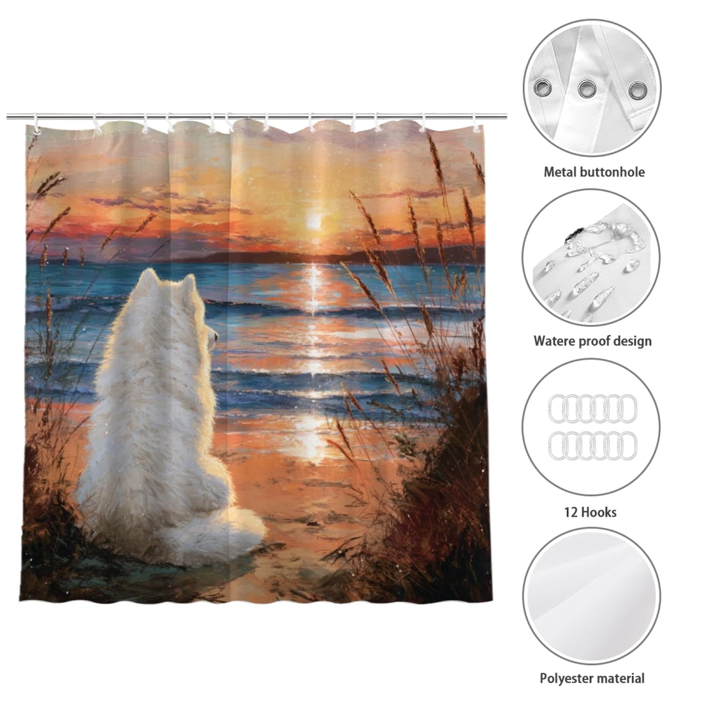 Wordatu Samoyed Shower Curtain on Sunset Sunrise Beach Seascape Art Shower Curtain Set, Nautical Ocean Bath Accessories Coastal Seaside Bathroom Decor 72x72 Inches