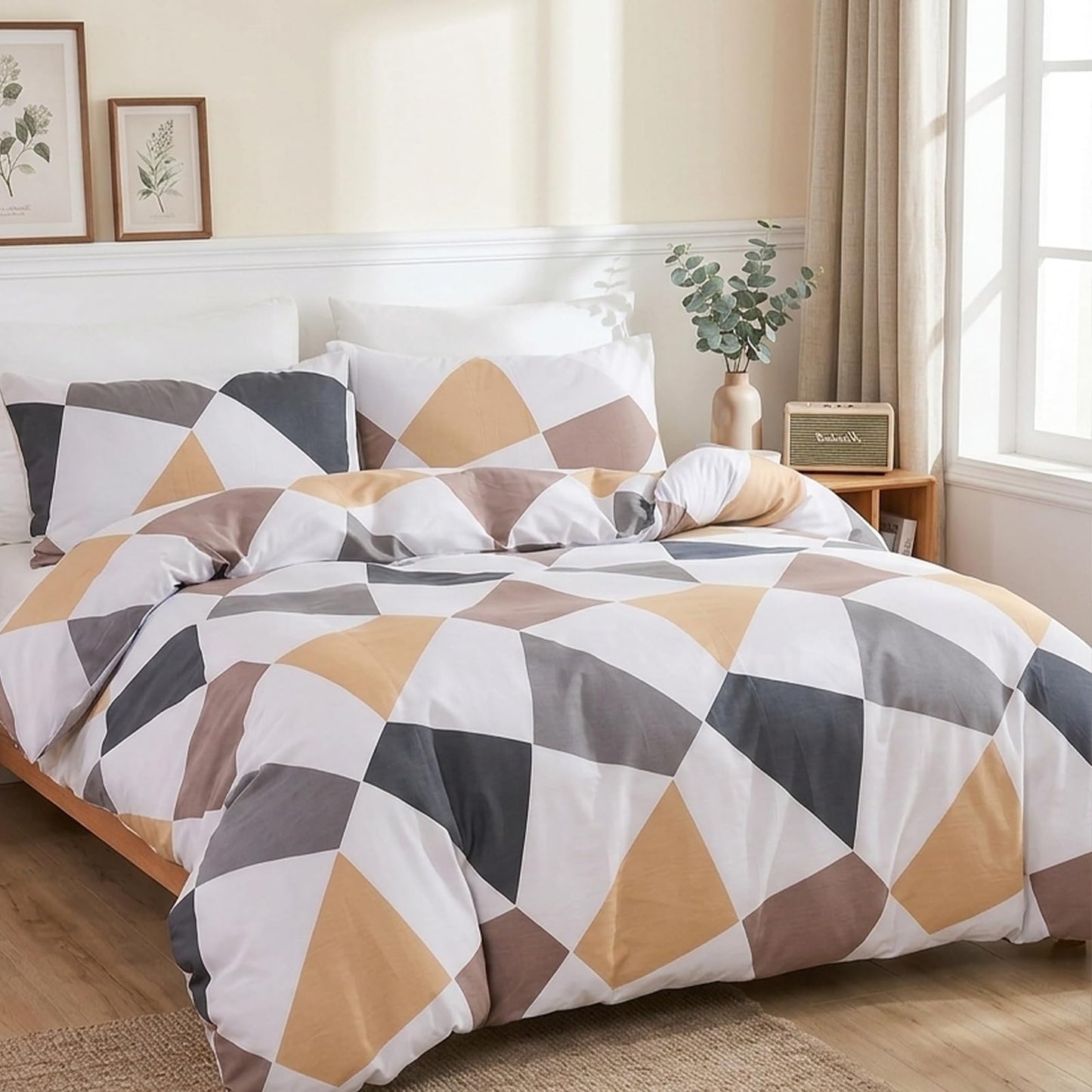 Cozaline 100% Cotton Duvet Cover Set King – Yellow Grey Nordic Triangle Bedding Set 3 Pieces, Light Reversible Comforter Cover with Zipper Closure, Minimalist Geometric Abstract Bed Set