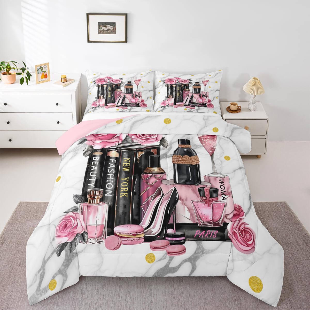 Erosebridal Fashion Black Pink Comforter King Size Flower Perfume Girls Women Modern Bedding Set High Heels Books Champagne Quilt Romantic Makeup Paris Bed Sets
