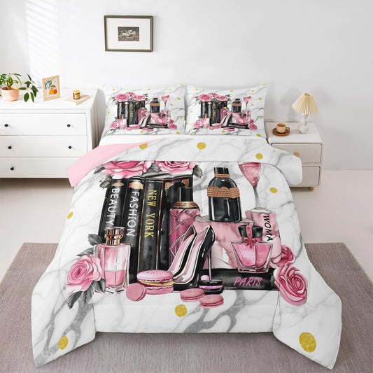 Erosebridal Fashion Black Pink Comforter King Size Flower Perfume Girls Women Modern Bedding Set High Heels Books Champagne Quilt Romantic Makeup Paris Bed Sets