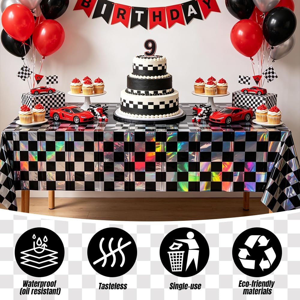 2Pack Iridescent Race Car Checkered Tablecloth Disposable Party Decorations