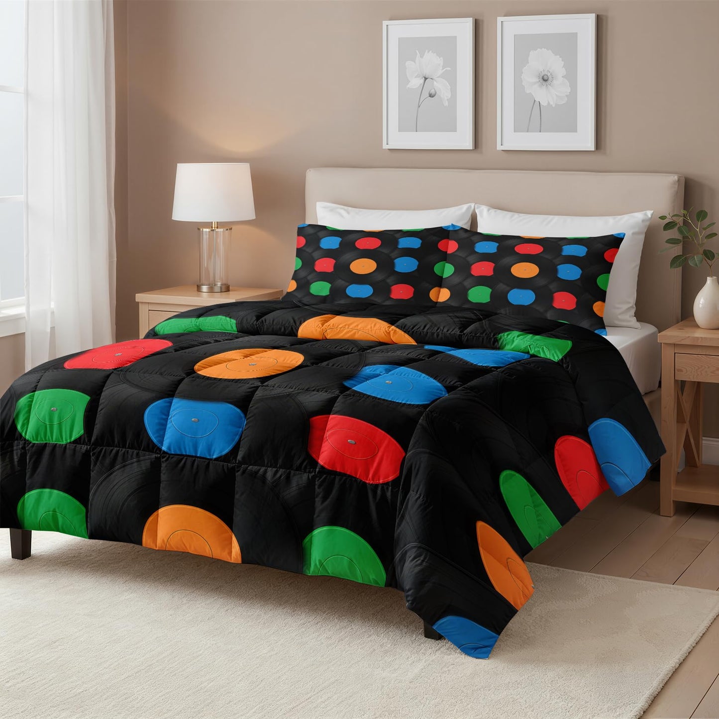 Vinyl Record Comforter Twin Size - 2 Pcs Bed Set, All Season Duvet Insert & Pillowcase, Music Bedding Set, Soft Lightweight Down Alternative Comforter, Music Bedroom Decor