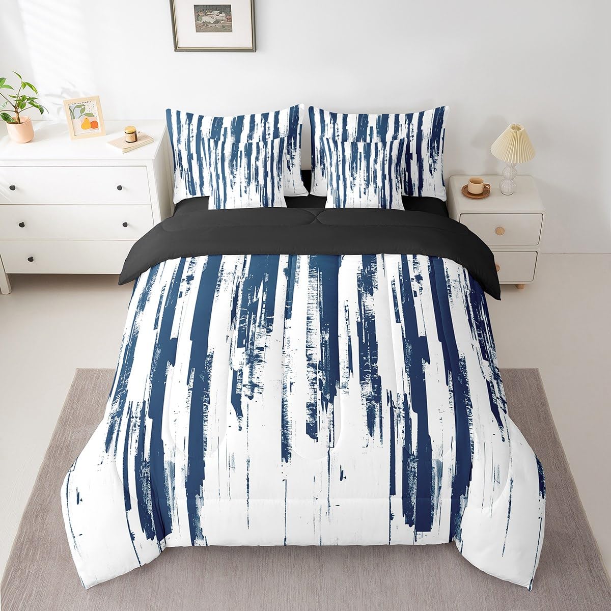 Erosebridal 7Pcs Navy Blue King Comforter Set,Geometric Stripes Striped Abstract Bed in A Bag for Women Men Adults Teens,Modern Art Aesthetic Watercolor Graffiti Ink Painting Bedding with Bed Sheets