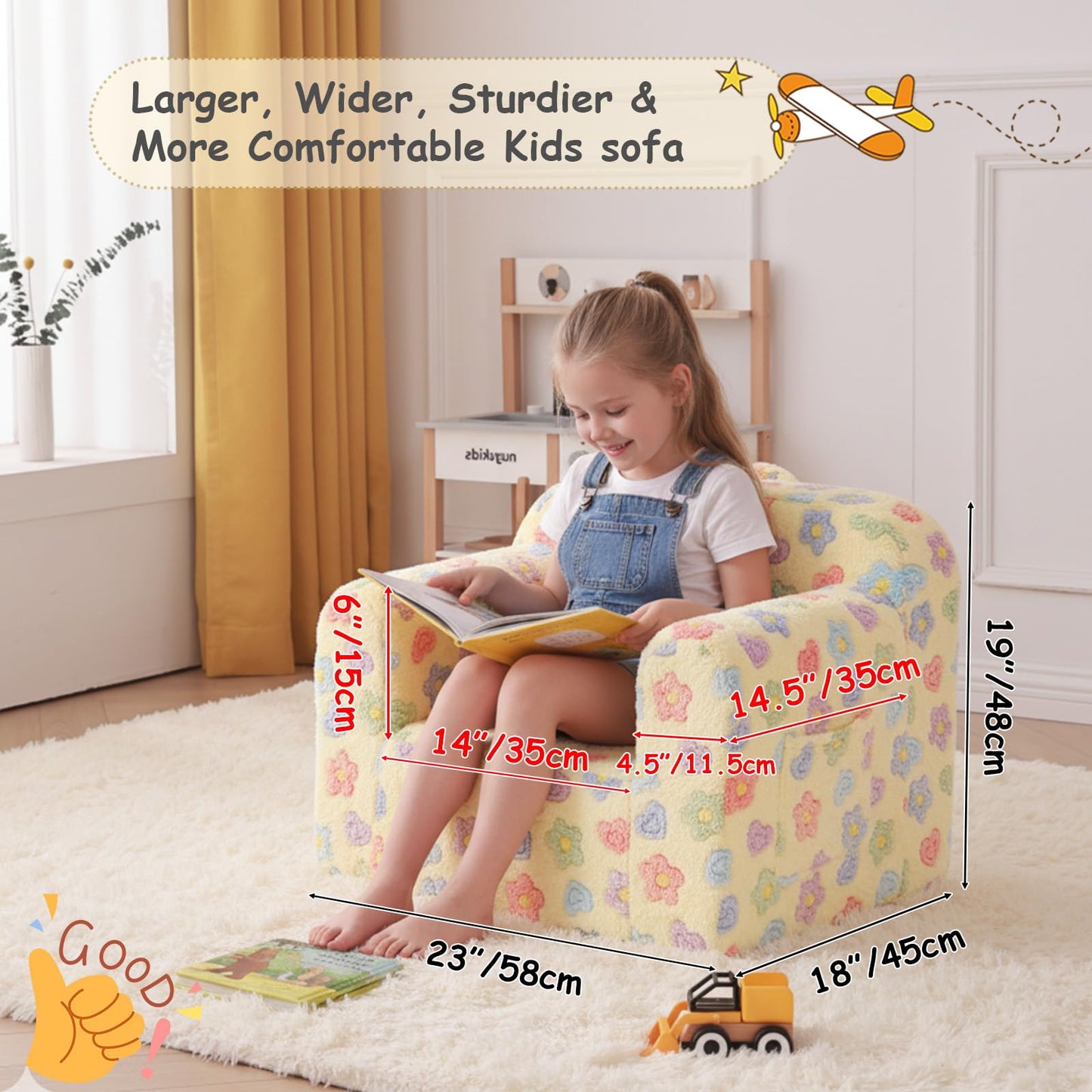 Tiita Kids Sofa, Childrens Couch with Carry Handle, Portable Toddler Foam Sofa Couch, Lightweight Kids Chair for Playroom, Dorm Room, Small Space, Flower