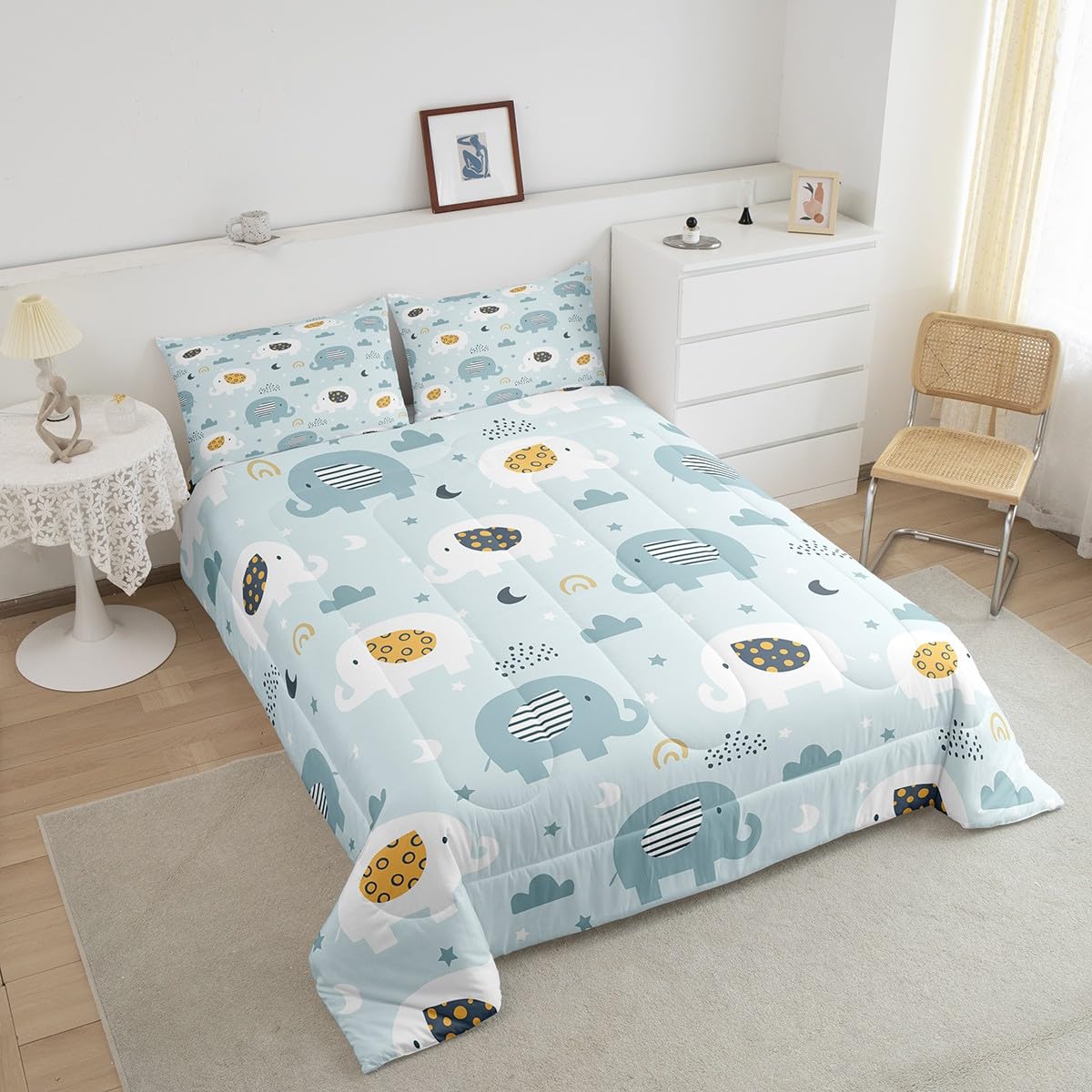 Feelyou Cartoon Elephant Bedding Set for Boys Girls Full, Kids Zoo Animal Comforter Set Rainbow Elephant Comforter Wildlife Duvet Set 3Pcs