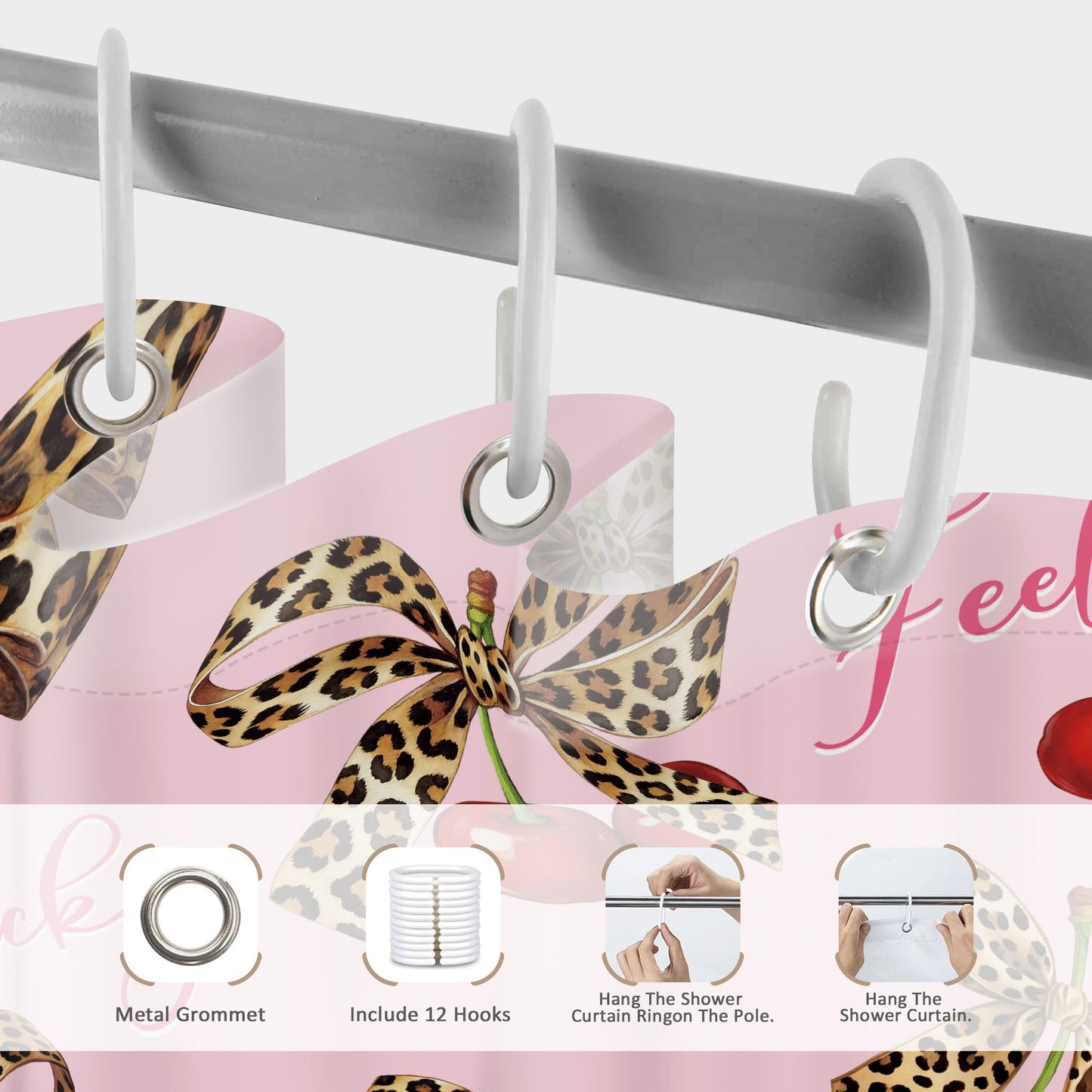Glawry Pink Leopard Shower Curtain Trendy Cherry Bow Coquette Preppy Y2k Cheetah Print Girly Aesthetic Cute Fashion Bathroom Retro 60Wx72L Inches Bath Accessories Art Home Decor Fabric 12 Pack Hook