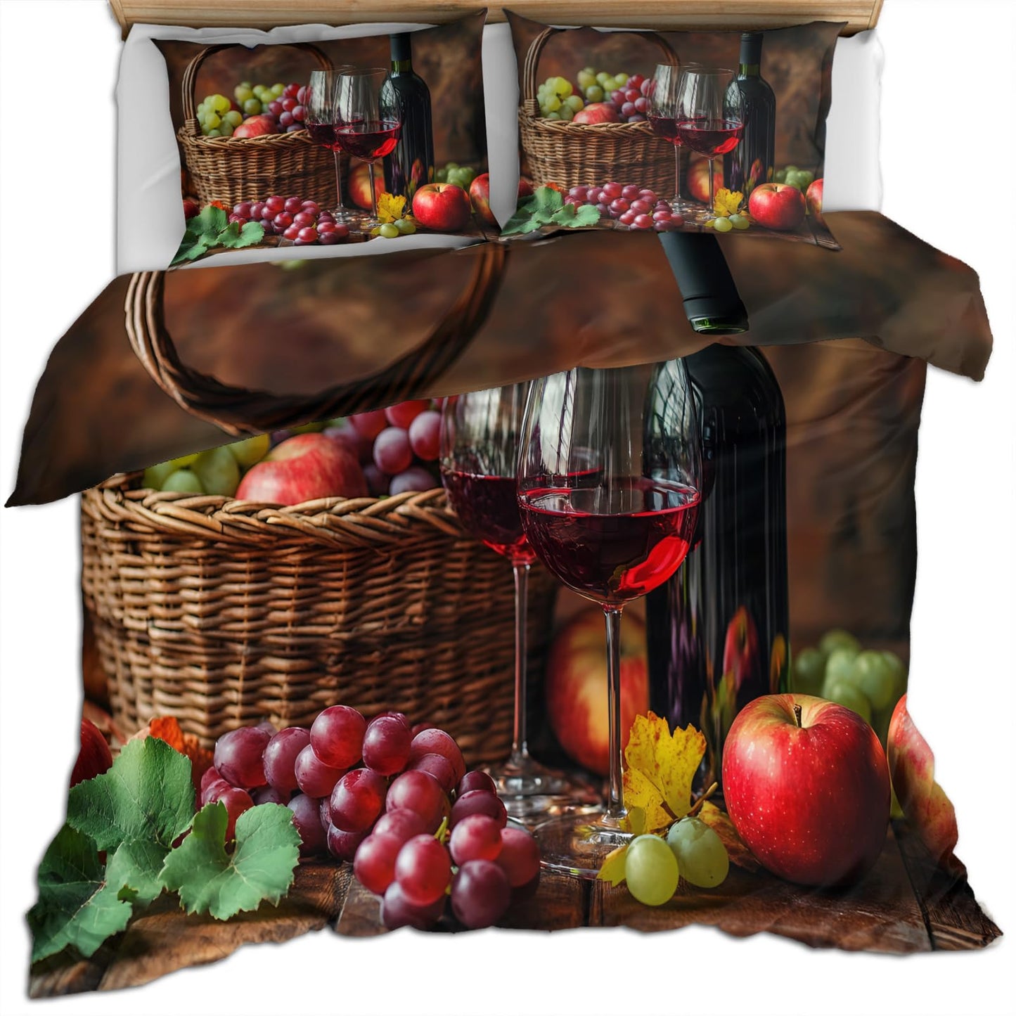 PAISUOQ Rustic Duvet Cover King Size, Country Kitchen Bedding Set, 3 Piece, Soft Microfiber Patterned Comforter Cover with Zipper Ties & 2 Pillowcase, Red Wine & Grapes Bedroom Decor & Gifts