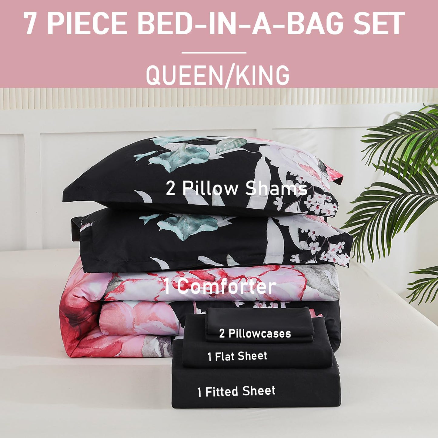 Yogeneg King Size Comforter Set 7 Piece Bed in a Bag,Pink Floral Botanical Pattern Black Bedding Set,Soft Microfiber Comforter with Sheet Set,All Season Bed Set(Pink,King)