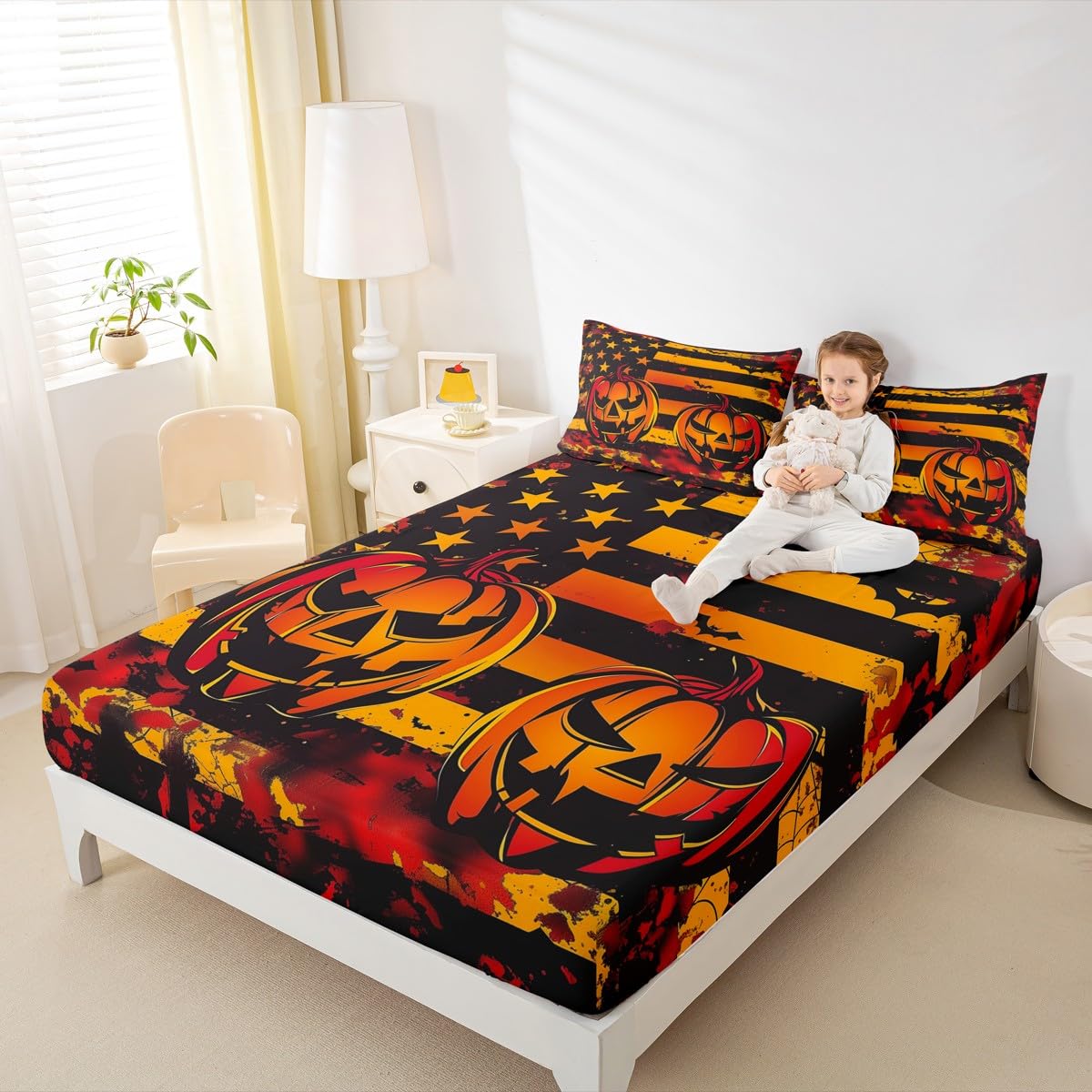 Feelyou American Flag Fitted Sheet Full Size for Kids Boys Girls Halloween Pumpkin Bed Sheets Set 16" Deep Pocket Soft Breathable Microfiber Halloween Decor Bedding with 2 Pillowcases Gothic