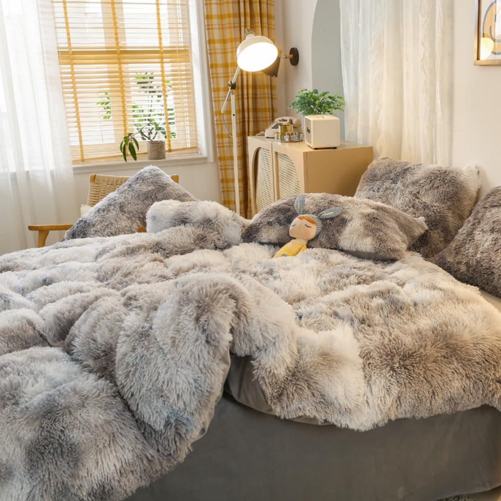 chovy Faux Fur Tie-Dyed Black White Gray Colorful Comforter Sets Queen - 3PC Bed Set Ultra Soft Plush Flannel Velvet Fluffy Fuzzy Bedding（Comforter x 1 Pillowcases x 2）