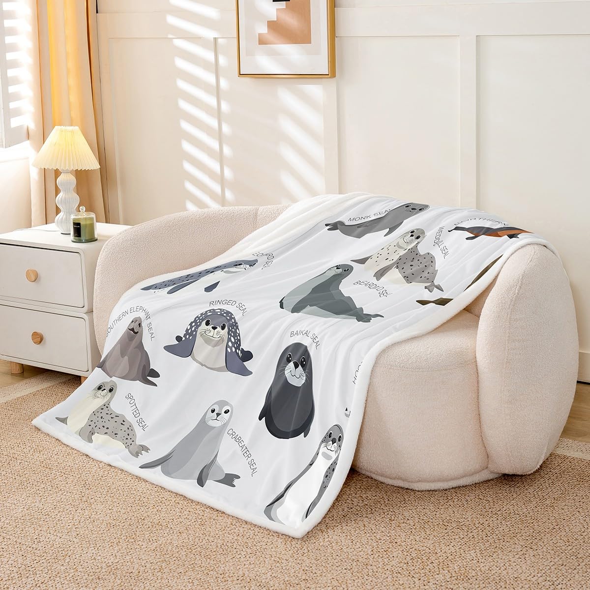 Kids Cartoon Seal Throw Blanket - Cute Ocean Marine Animal Fleece for Bed Sofa - Boys Girls Sea Creature Decor Sherpa - Seal Collection Fuzzy Bedroom Flannel Throw 50"x60"